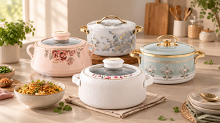 Four Nayasa insulated casseroles in floral, grey-and-gold, and white designs.