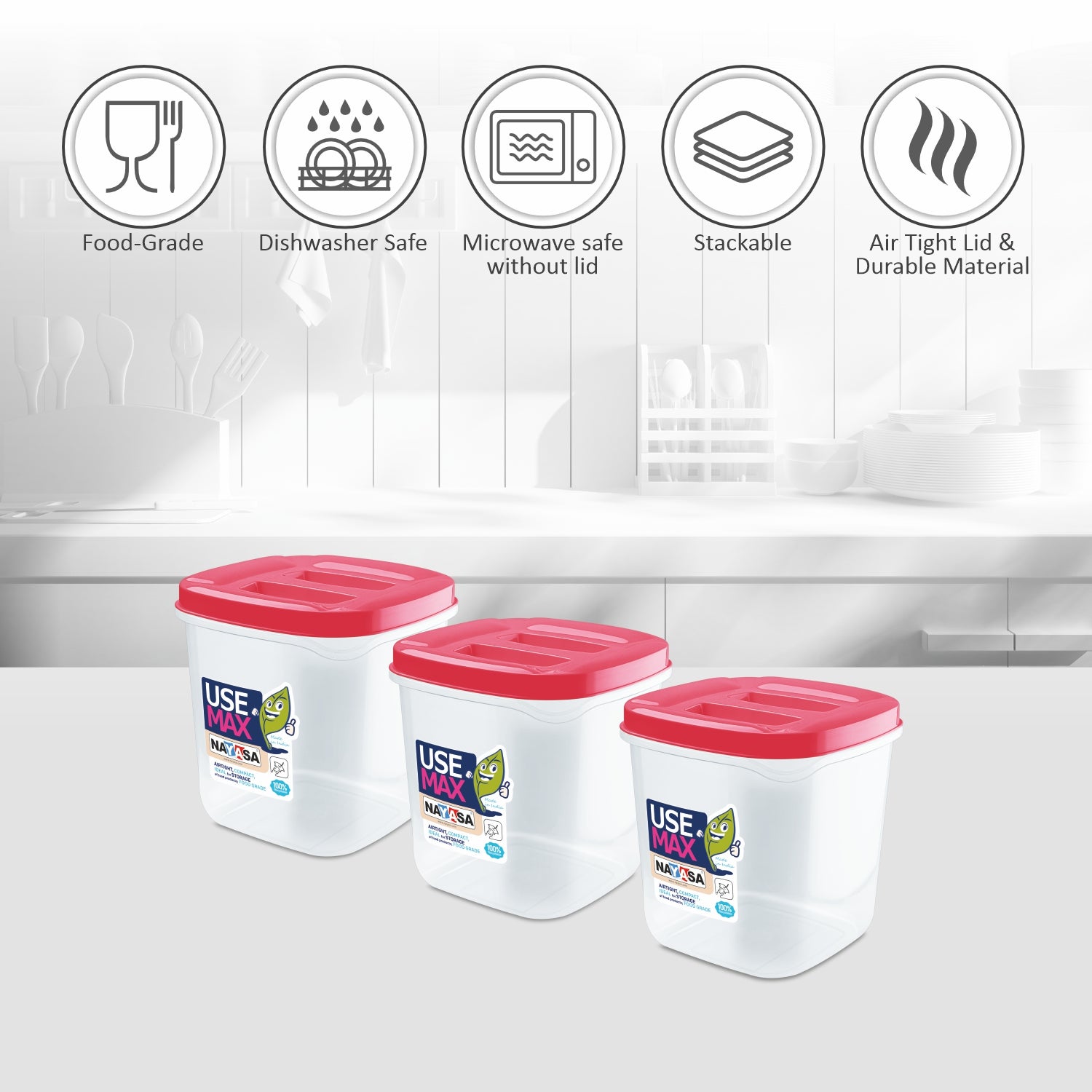 Use Max Food Storage Container, Set of 3 Pink / 550 ml