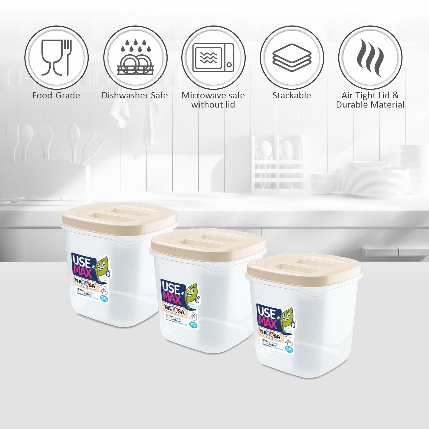 Use Max Food Storage Container, Set of 3 Beige / 550 ml