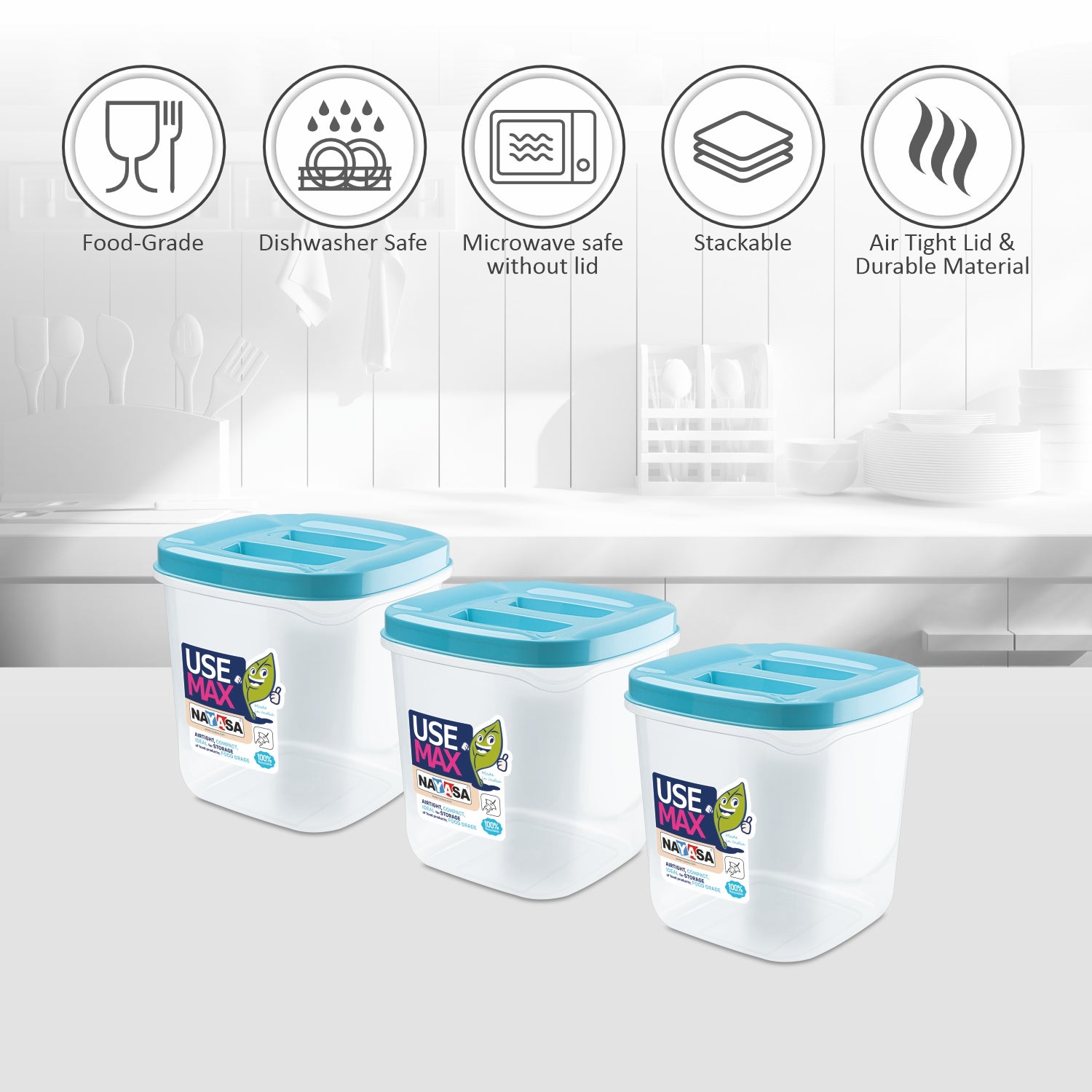 Use Max Food Storage Container, Set of 3 Blue / 550 ml