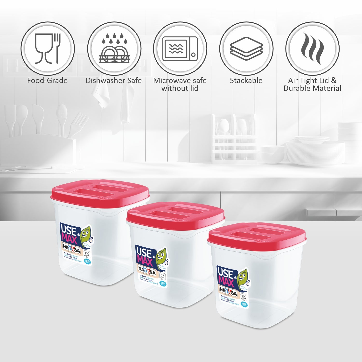 Use Max Food Storage Container, Set of 3 Pink / 1000 ml