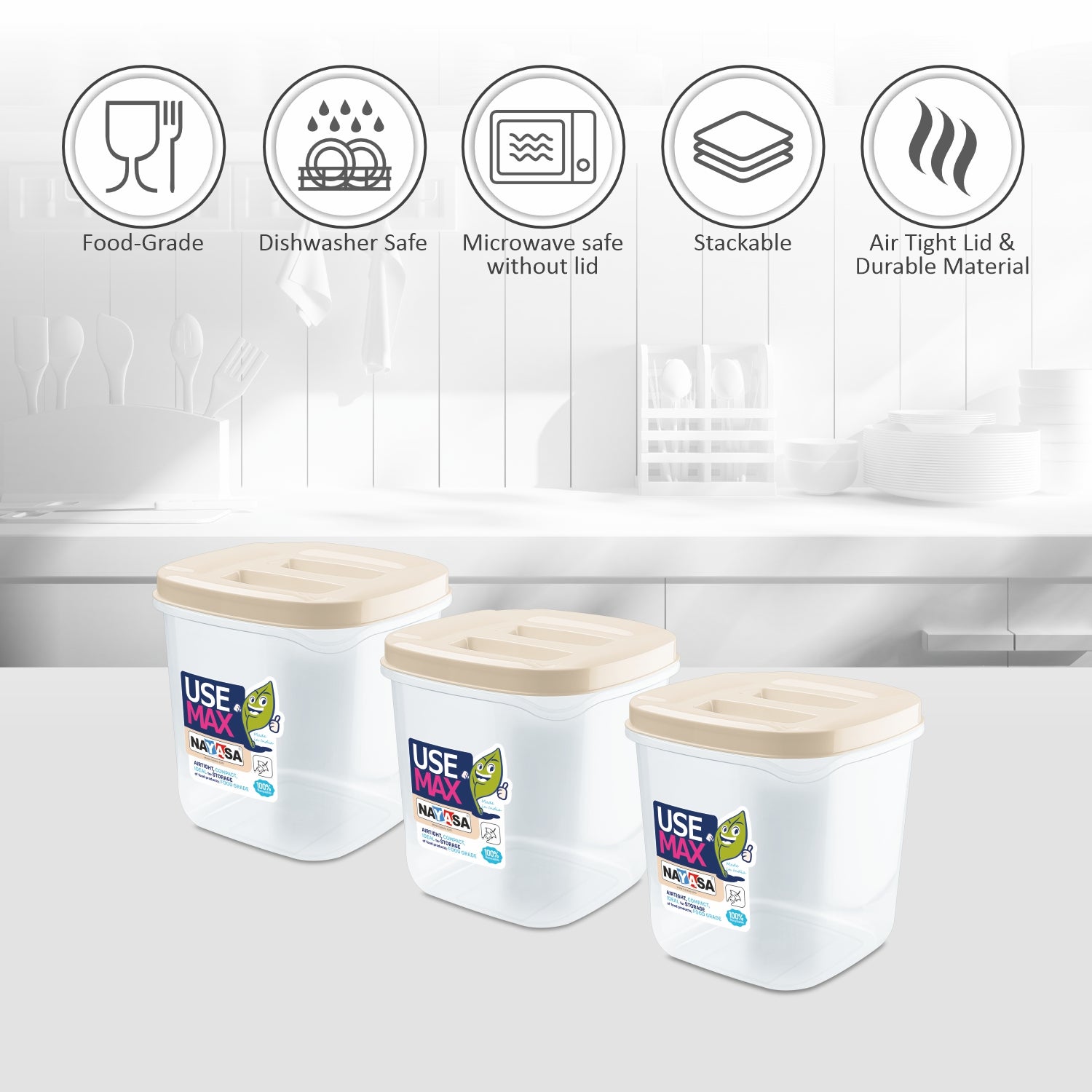 Use Max Food Storage Container, Set of 3 Beige / 1000 ml