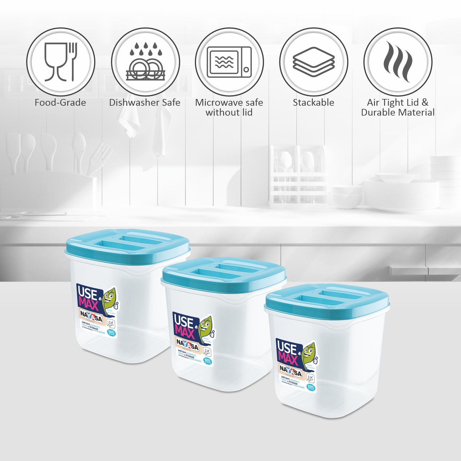 Use Max Food Storage Container, Set of 3 Blue / 1000 ml