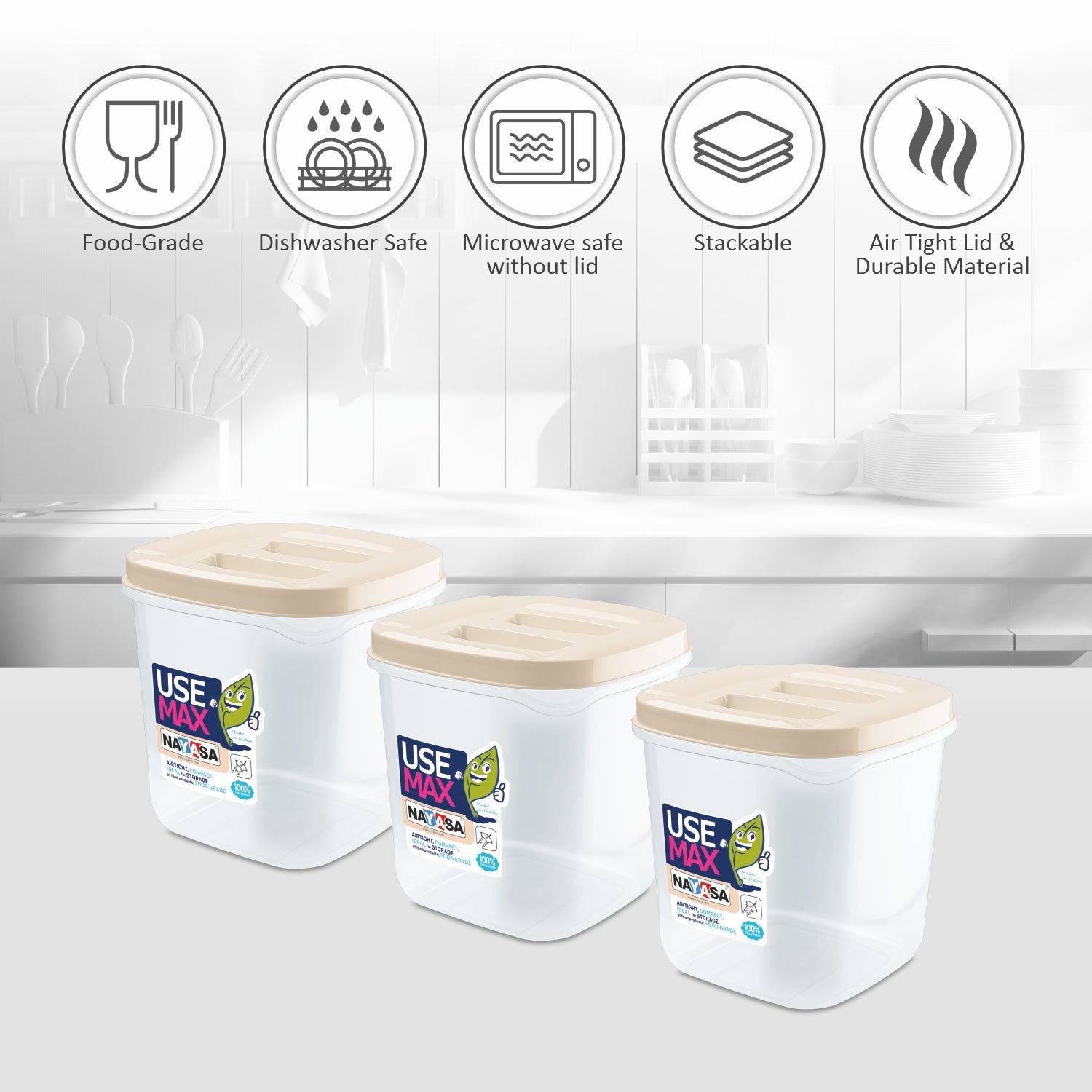 Use Max Food Storage Container, Set of 3 Beige / 1500 ml