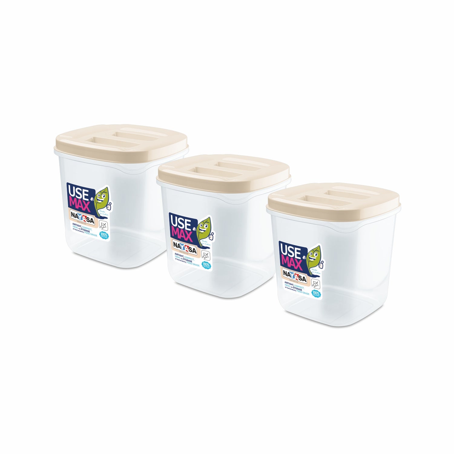Use Max Food Storage Container, Set of 3 Beige / 1500 ml