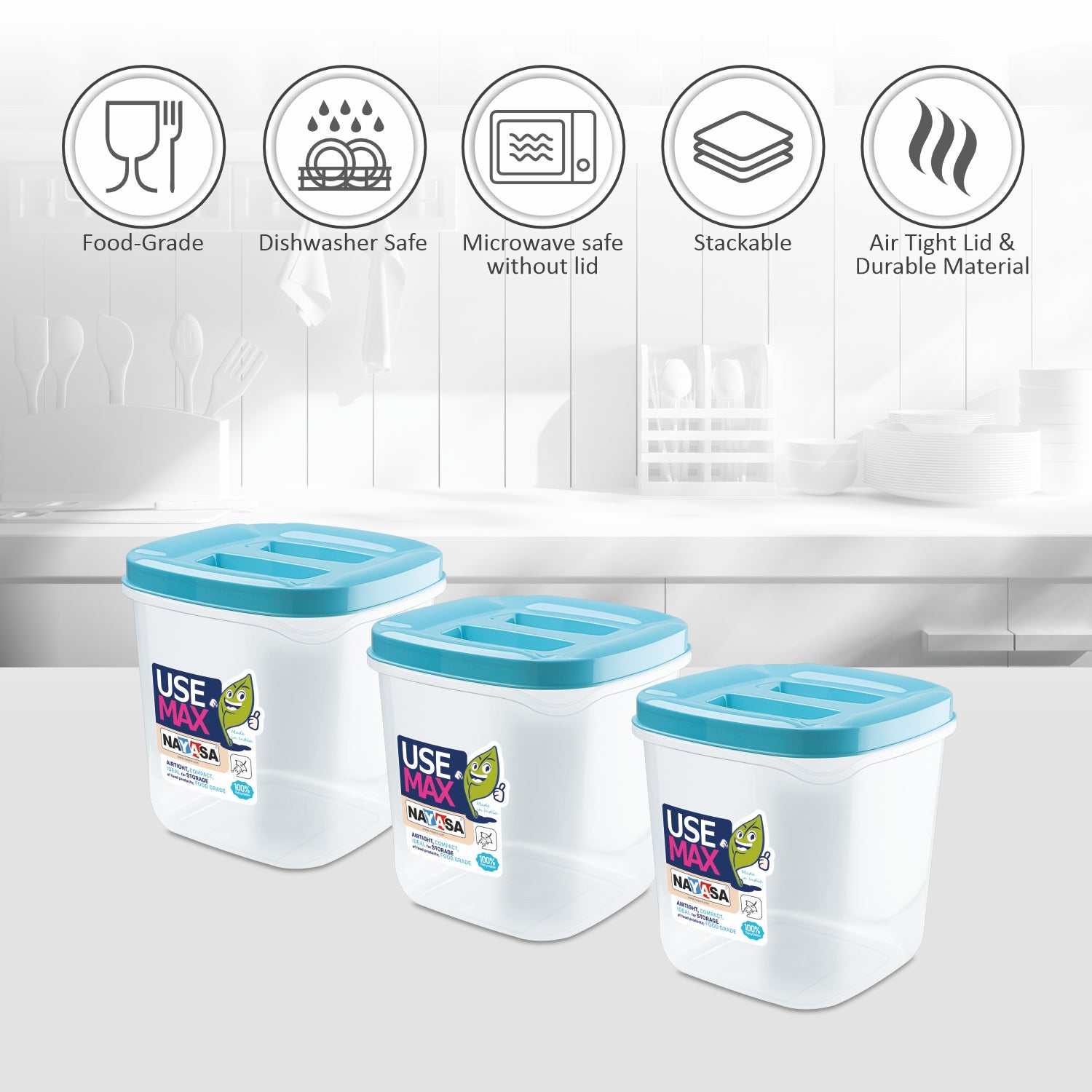 Use Max Food Storage Container, Set of 3 Blue / 1500 ml