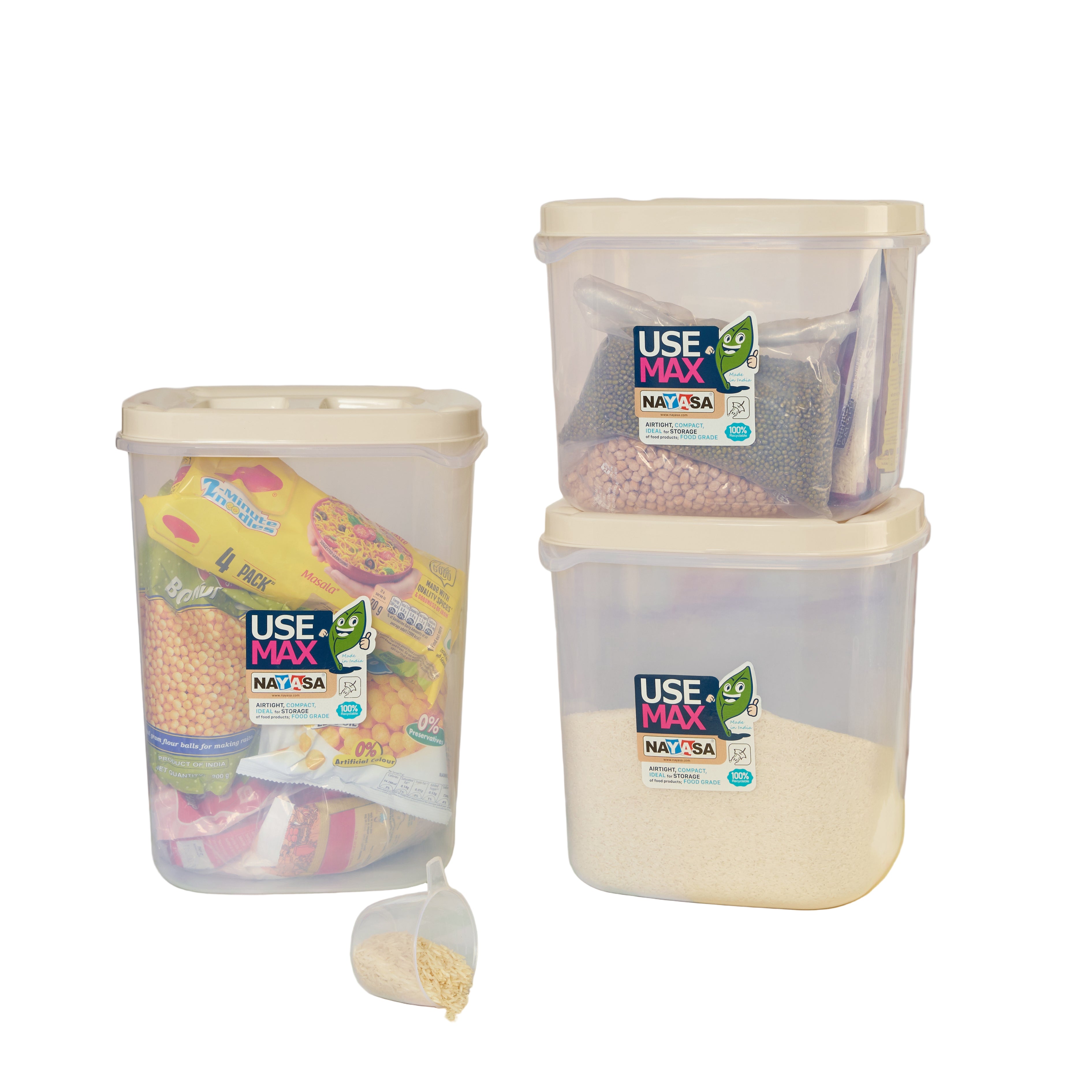 Use Max Food Storage Container, Set of 3 Beige / Combo ( 5 Ltr + 7.5 Ltr + 10 Ltr )