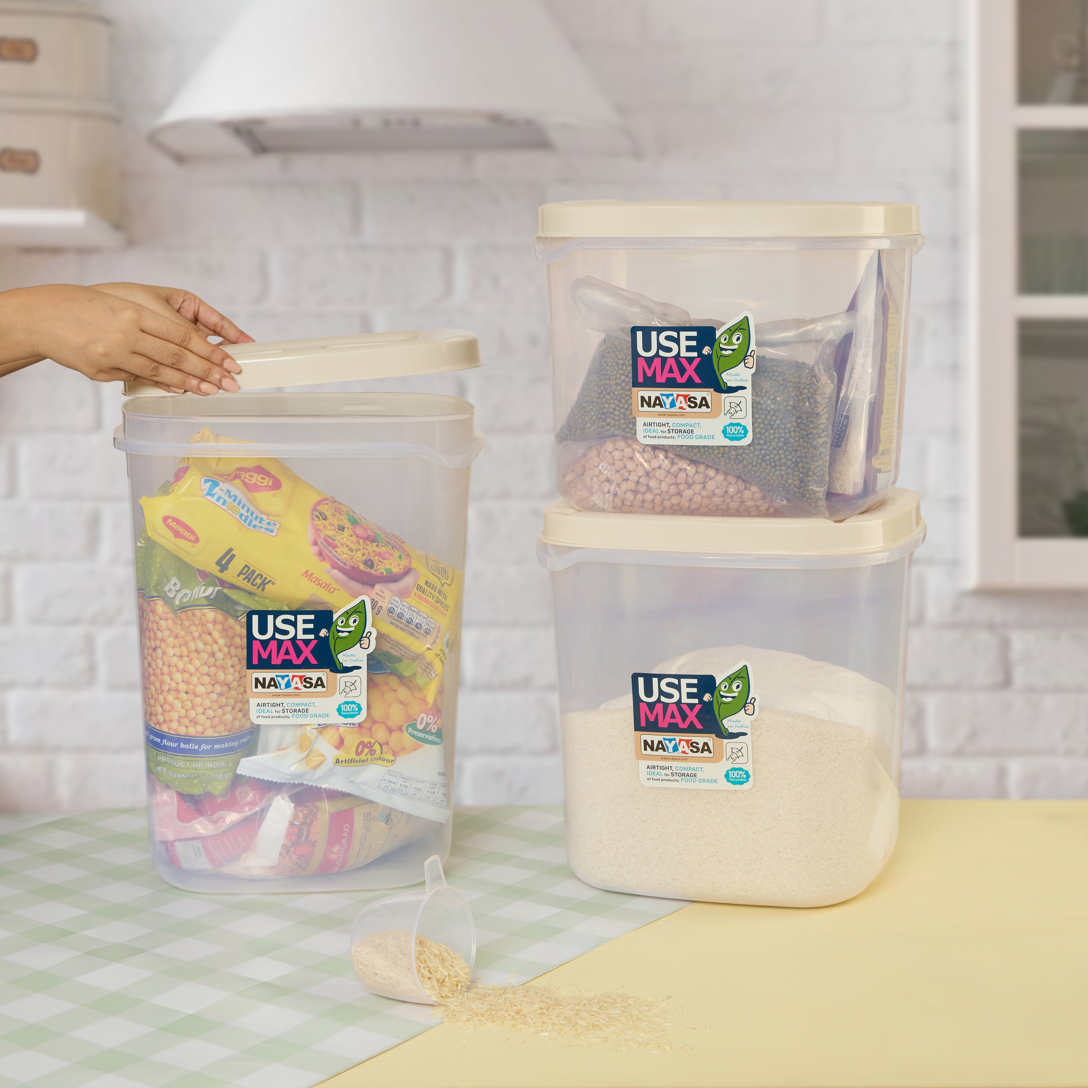 Use Max Food Storage Container, Set of 3 Beige / Combo ( 5 Ltr + 7.5 Ltr + 10 Ltr )