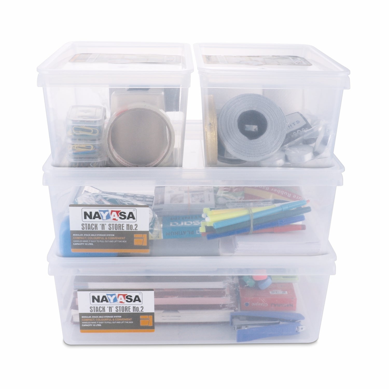 Stack N Store Storage Box, Transparent Combo ( 12 Ltr X 2 + 5 Ltr X 2) / Set of 4