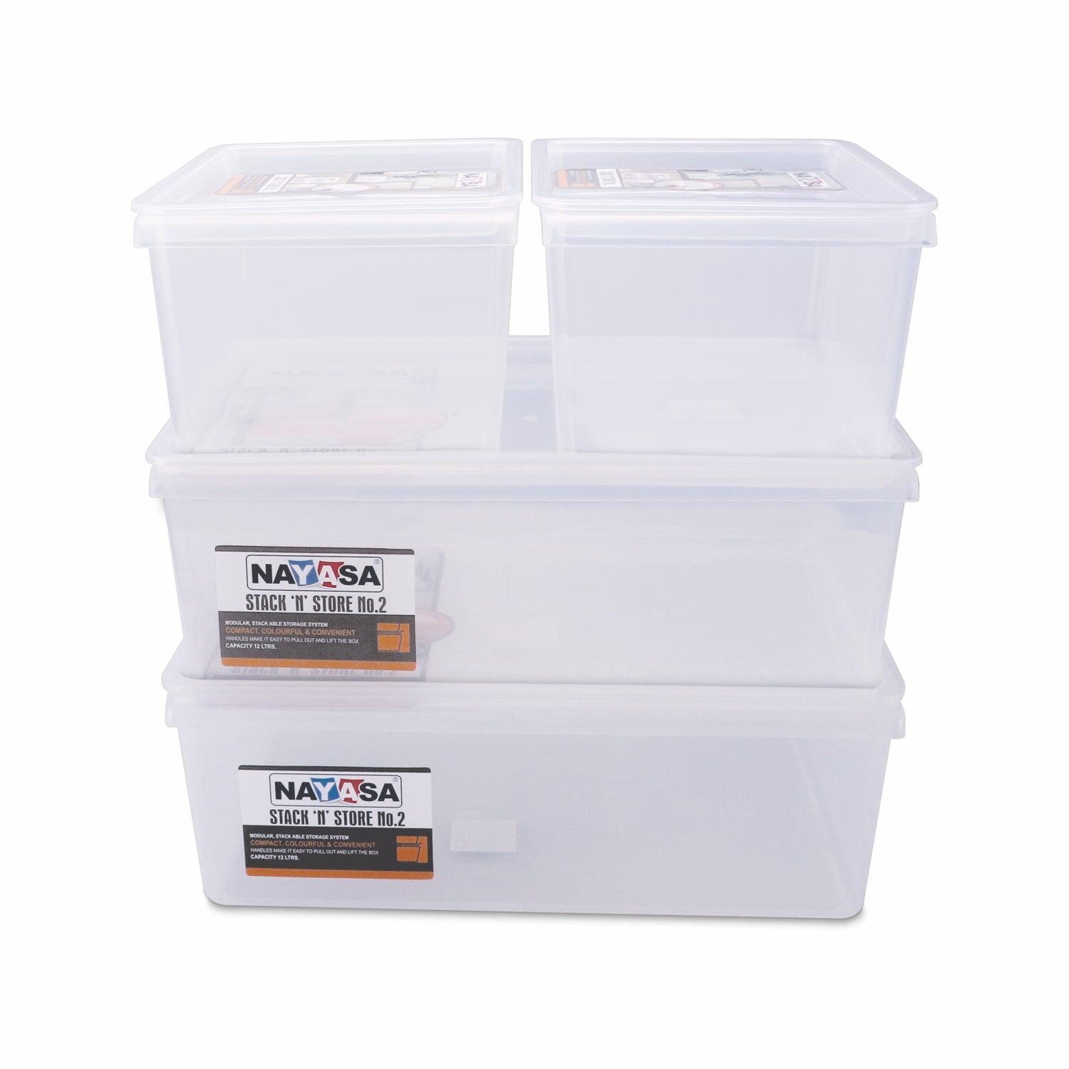 Stack N Store Storage Box, Transparent Combo ( 12 Ltr X 2 + 5 Ltr X 2) / Set of 4