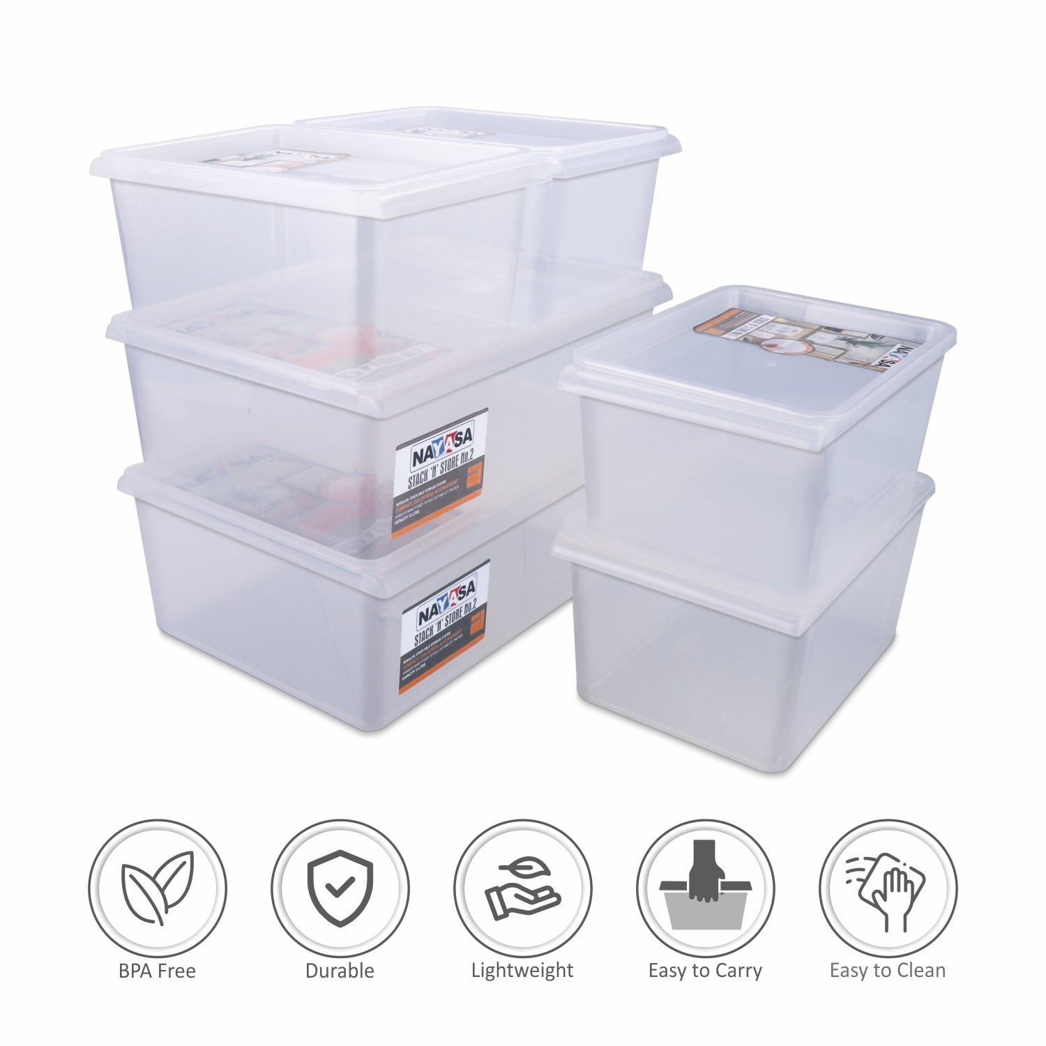 Stack N Store Storage Box, Transparent Combo ( 12 Ltr X 2 + 5 Ltr X 4) / Set of 6