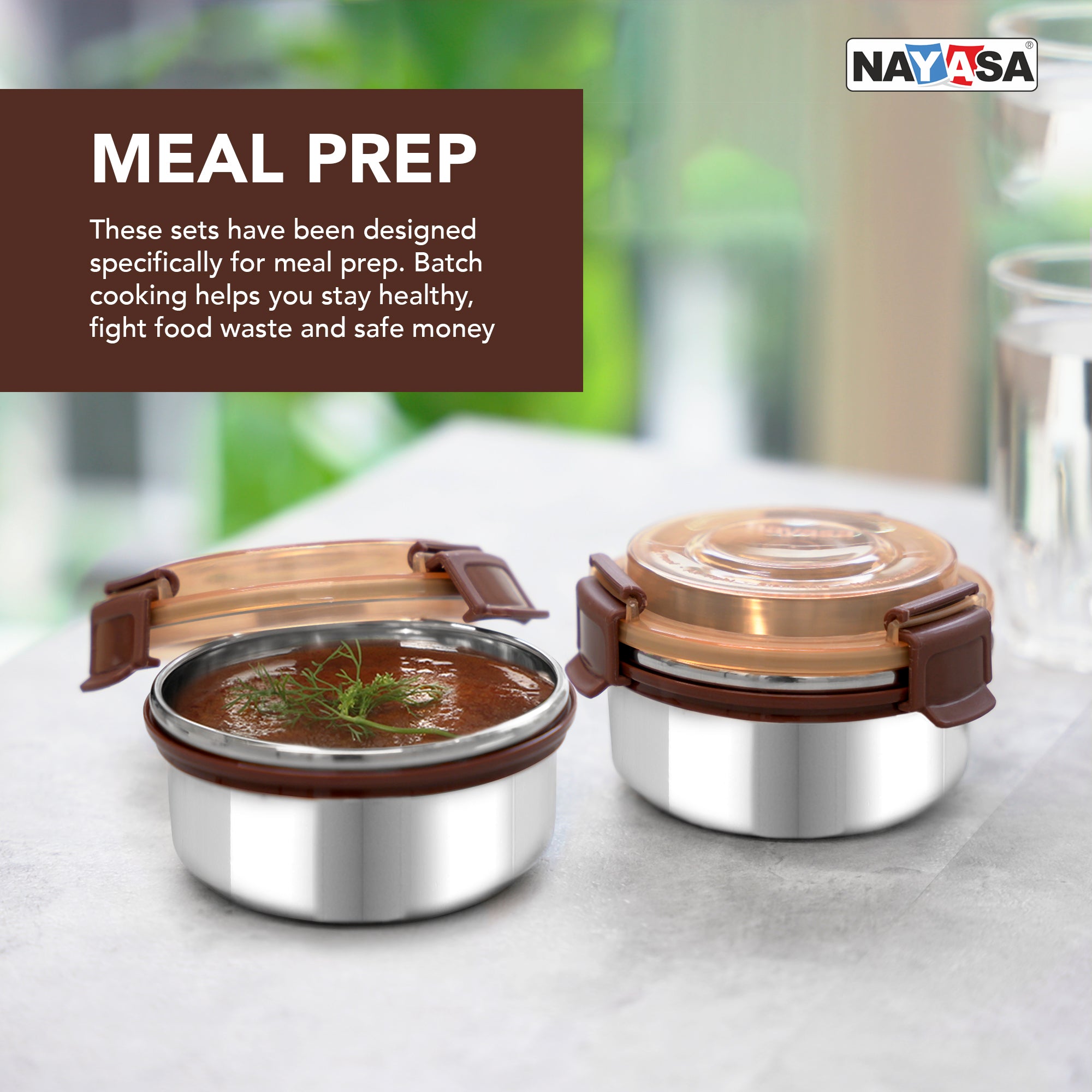 Aqua Lock Round Lunch Box Brown / 300 ml / Set of 2
