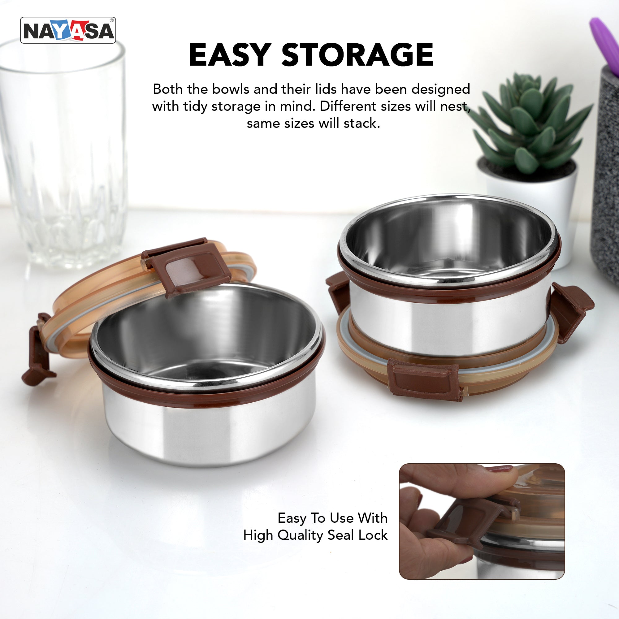 Aqua Lock Round Lunch Box Brown / 300 ml / Set of 2