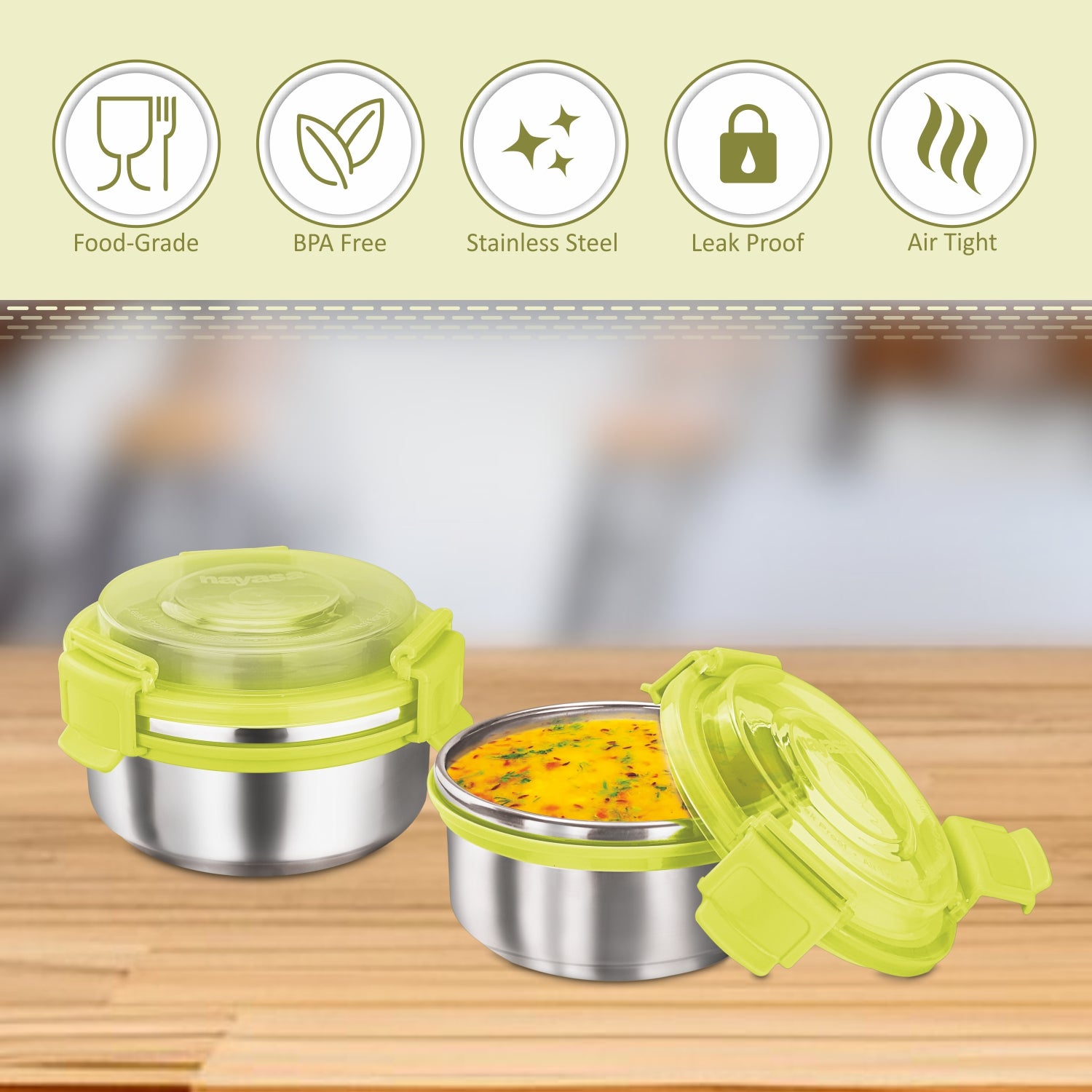 Aqua Lock Round Lunch Box Green / 300 ml / Set of 2