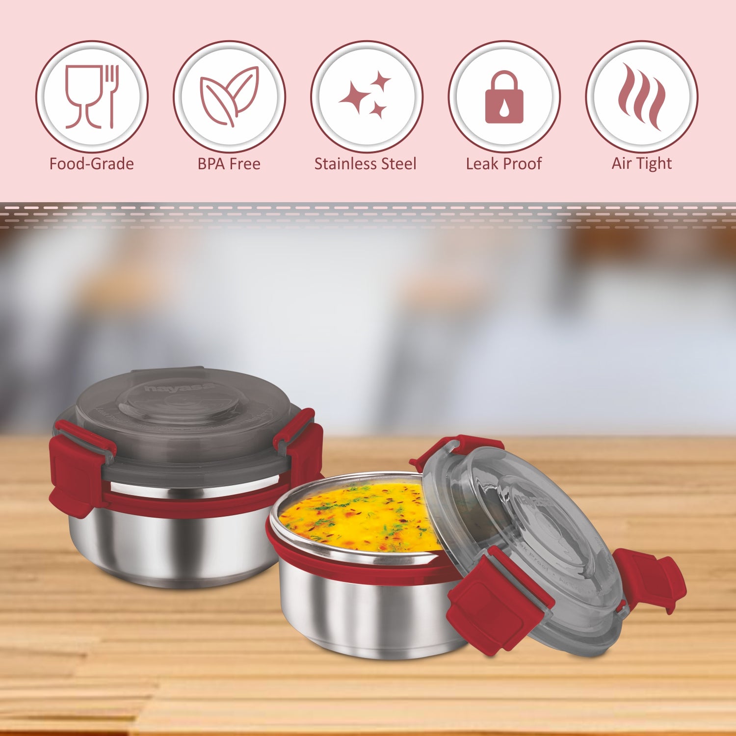 Aqua Lock Round Lunch Box Grey / 300 ml / Set of 2