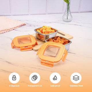 Square Eco Lock Lunch Box Orange / 230 ml / Set of 2
