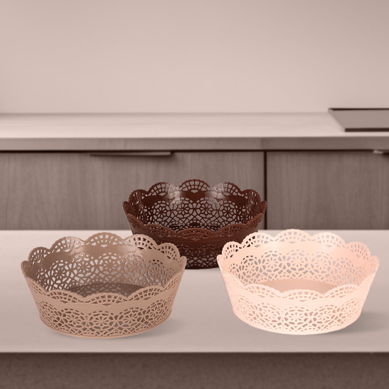 Lacy Round Basket Set Of 3 Multicolor