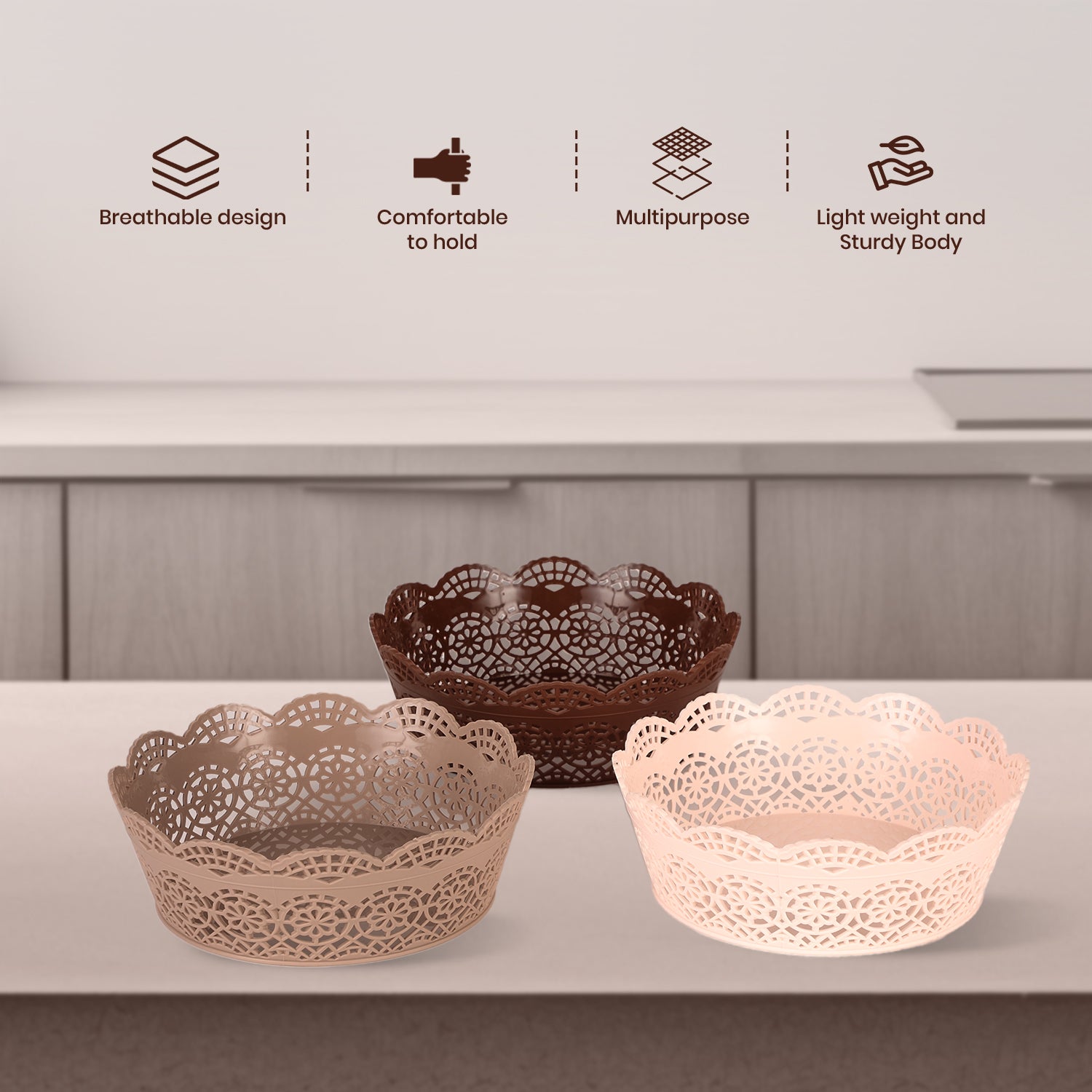 Lacy Round Basket Set Of 3 Multicolor