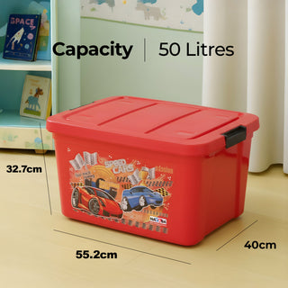 Multipurpose Storage Box For Kids with Lids & Wheels Red / 50 Ltr