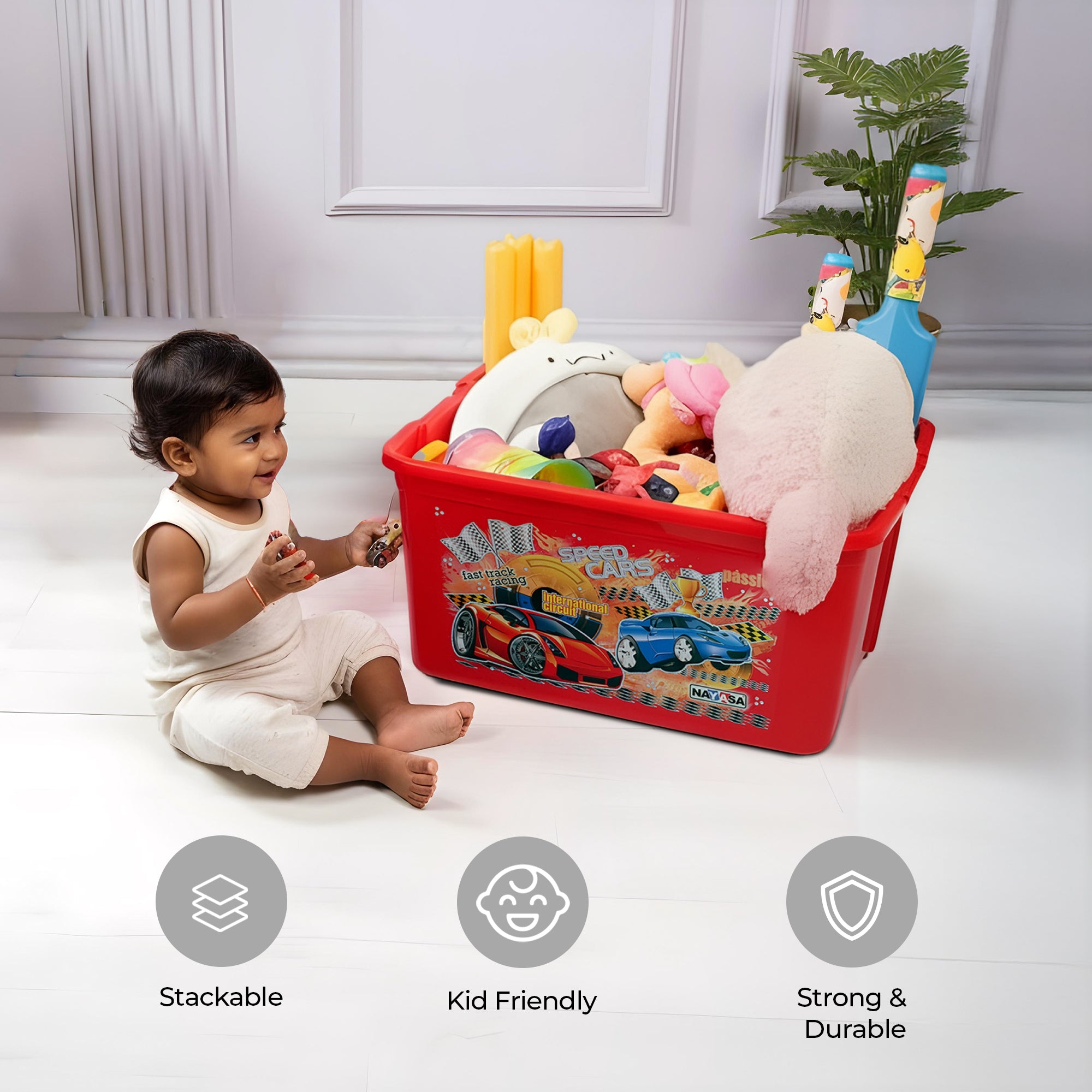 Multipurpose Storage Box For Kids with Lids & Wheels Red / 50 Ltr