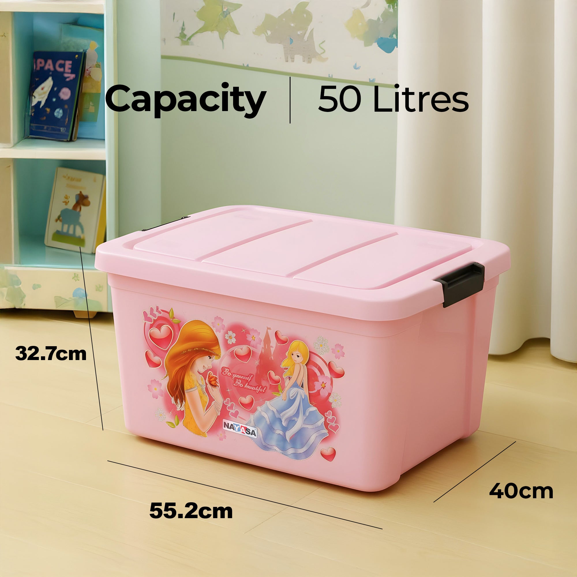 Multipurpose Storage Box For Kids with Lids & Wheels Pink / 50 Ltr