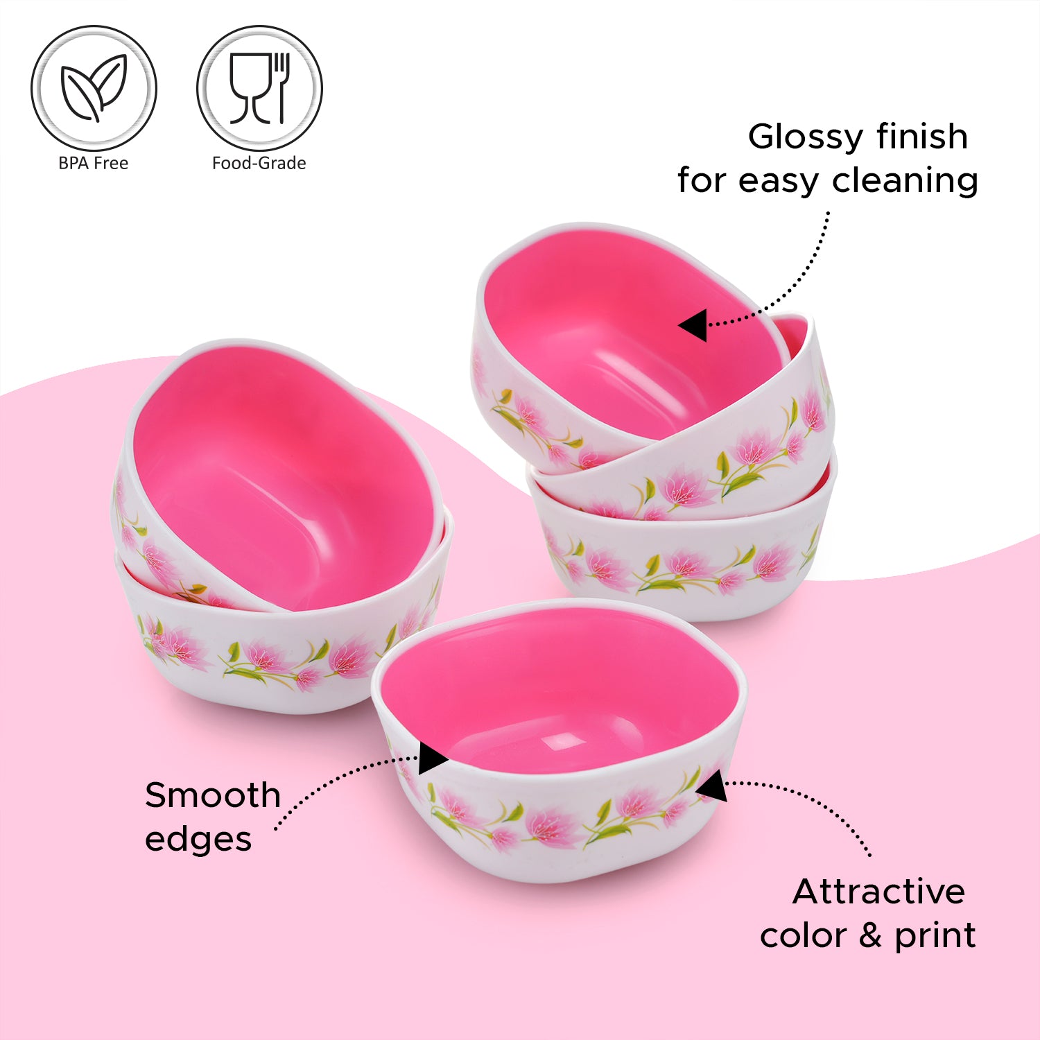Microfresh Square Bowl Deluxe, Set of 6, 200 ML Pink