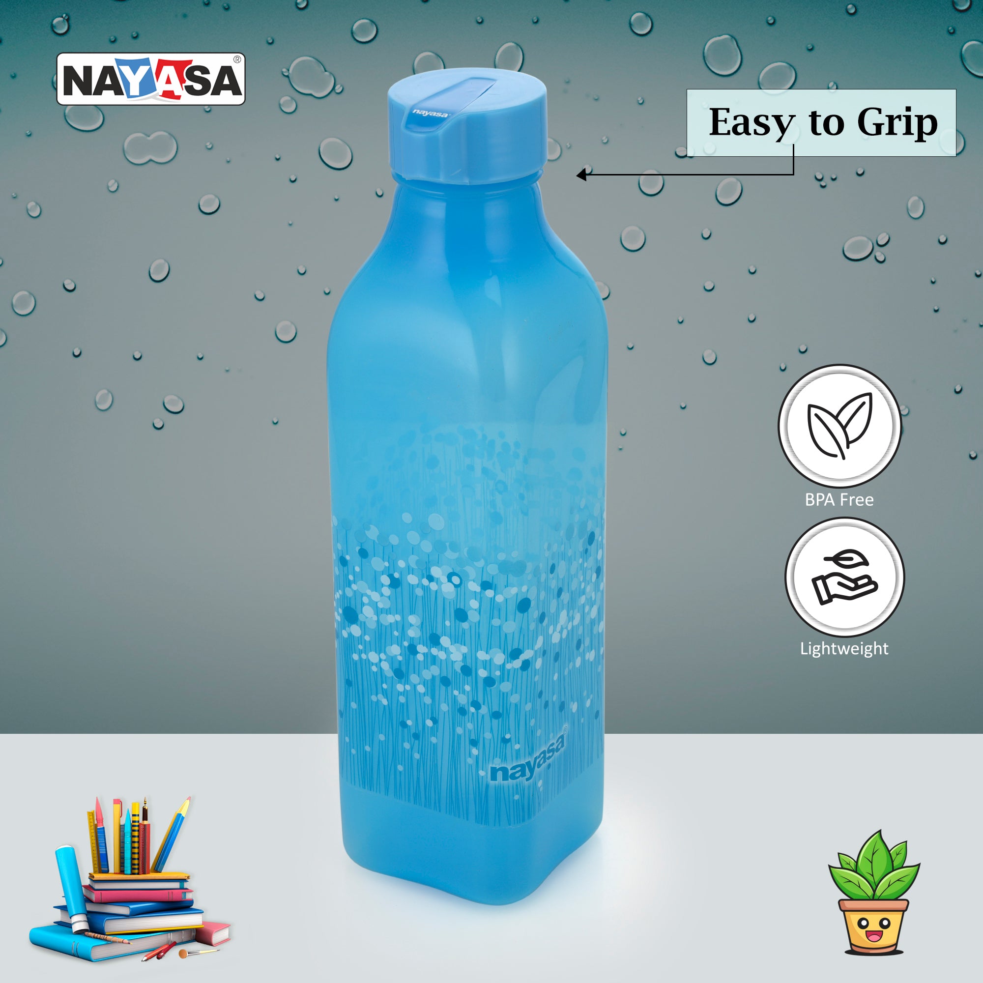 Deluxe Square Plastic Bottle, Set of 2, 1000 ml Blue