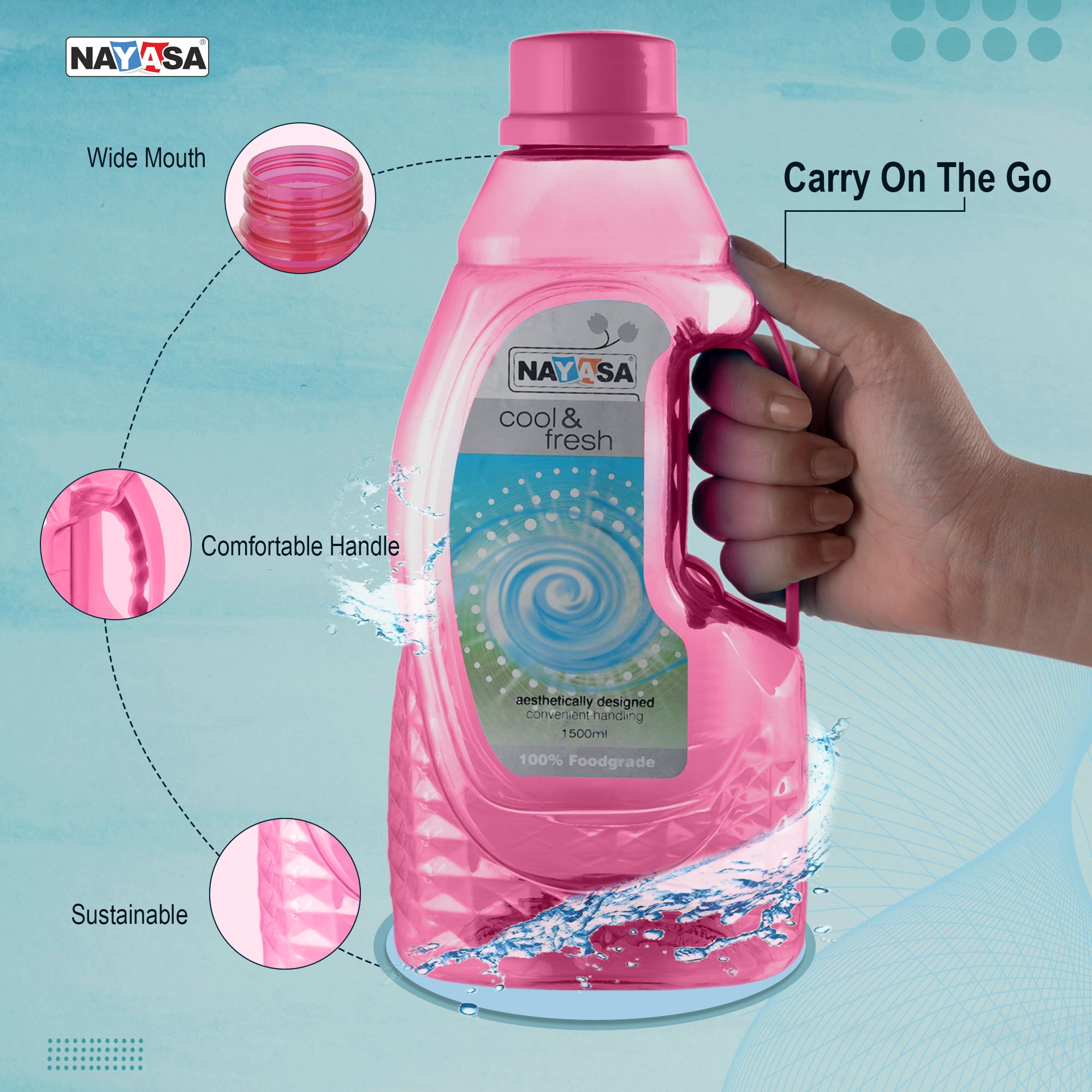 Fontana Water Bottle, 1500 ml Pink / Set of 3