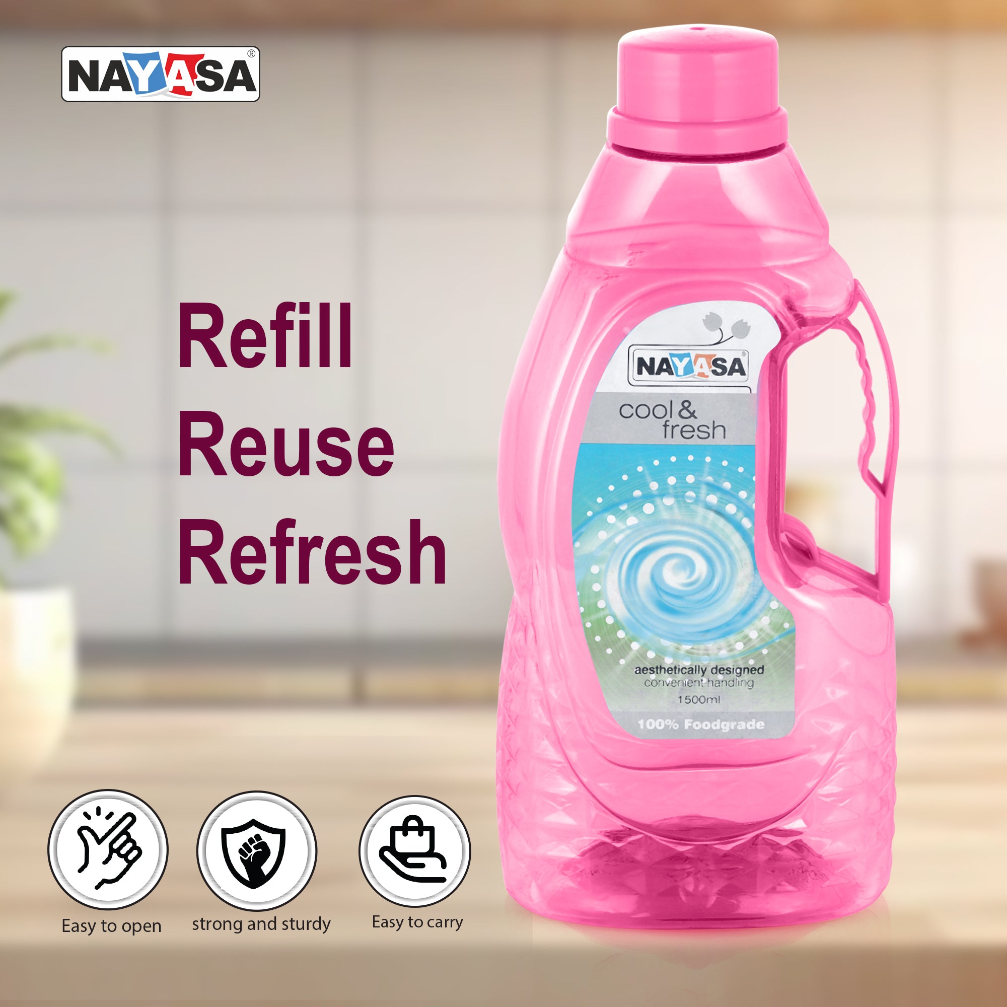 Fontana Water Bottle, 1500 ml Pink / Set of 3