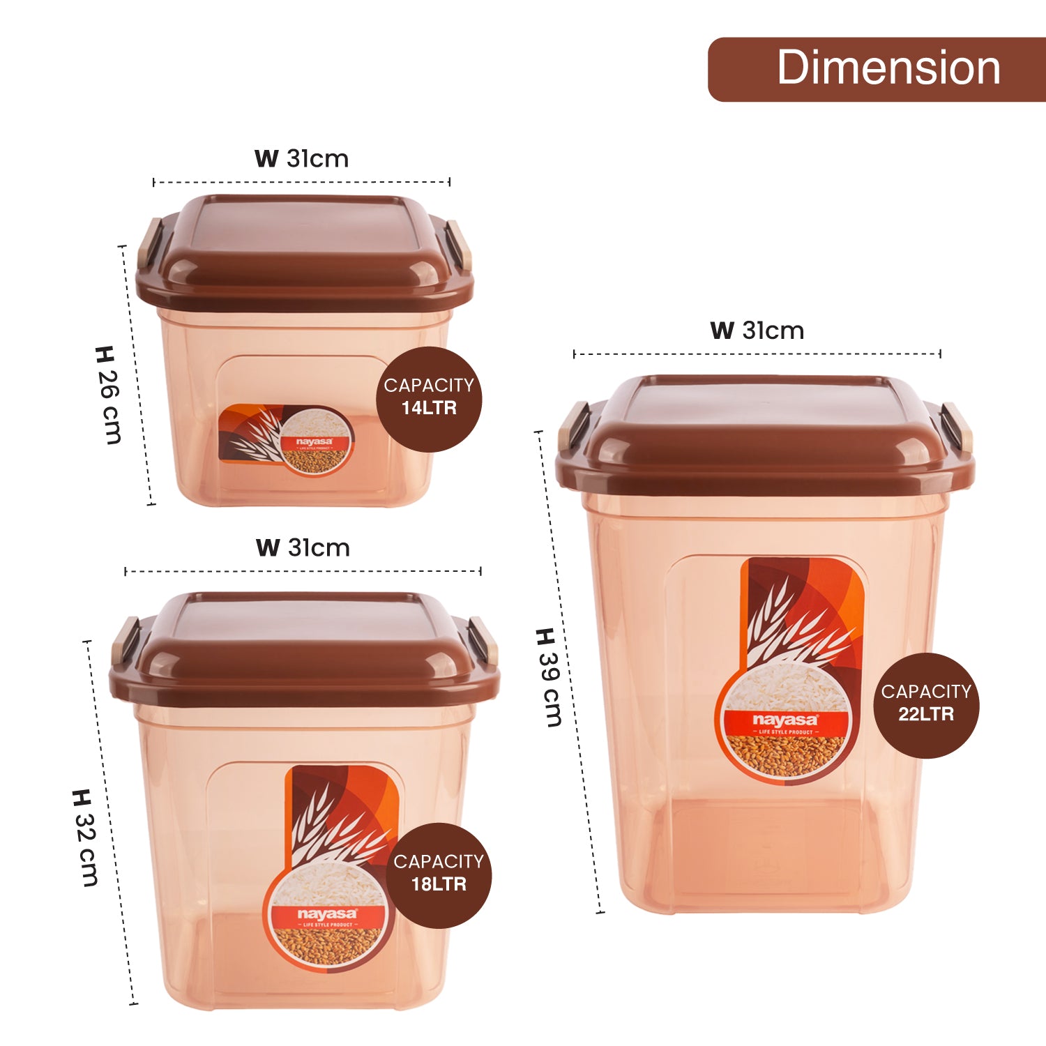 Store In Food Storage Jar Brown / Combo ( 14 Ltr + 18 Ltr + 22 Ltr ) / Set of 3