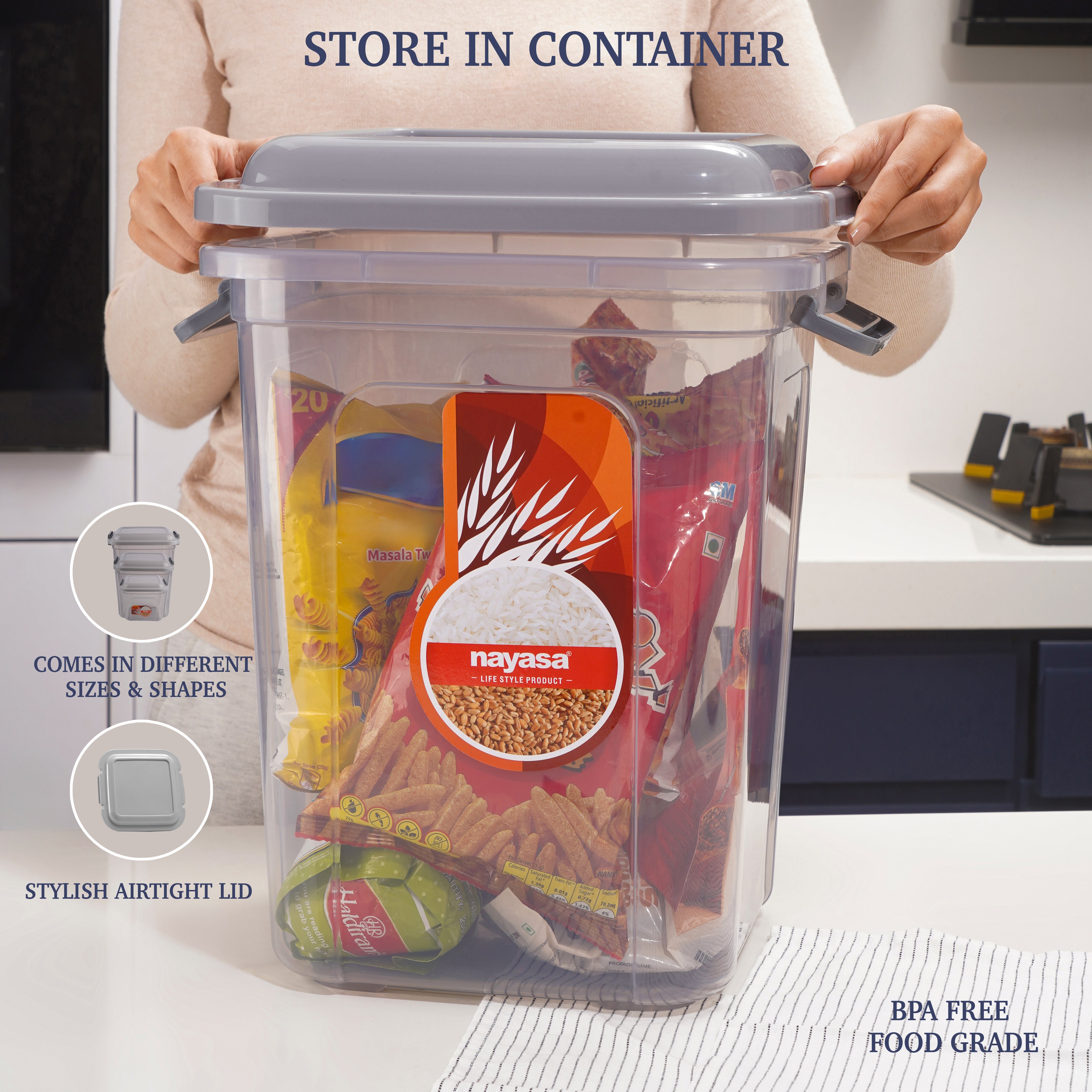 Store In Food Storage Jar Grey / Combo ( 14 Ltr + 18 Ltr + 22 Ltr ) / Set of 3