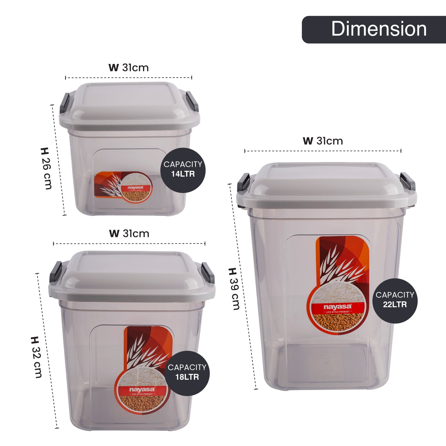 Store In Food Storage Jar Grey / Combo ( 14 Ltr + 18 Ltr + 22 Ltr ) / Set of 3