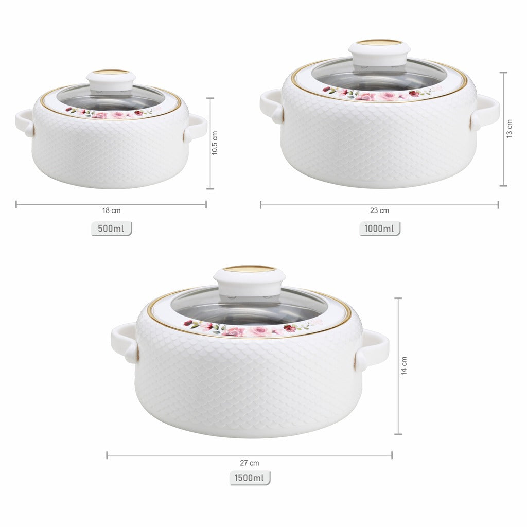 Coral Glass Lid Casserole Set of 3, 500ml, 1000ml, 1500ml