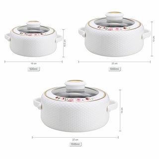 Coral Glass Lid Casserole Set of 3 Small ( 500ml, 1000ml, 1500ml )