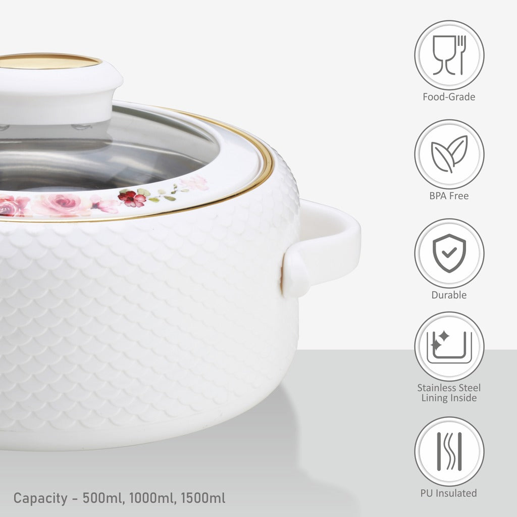 Coral Glass Lid Casserole Set of 3, 500ml, 1000ml, 1500ml