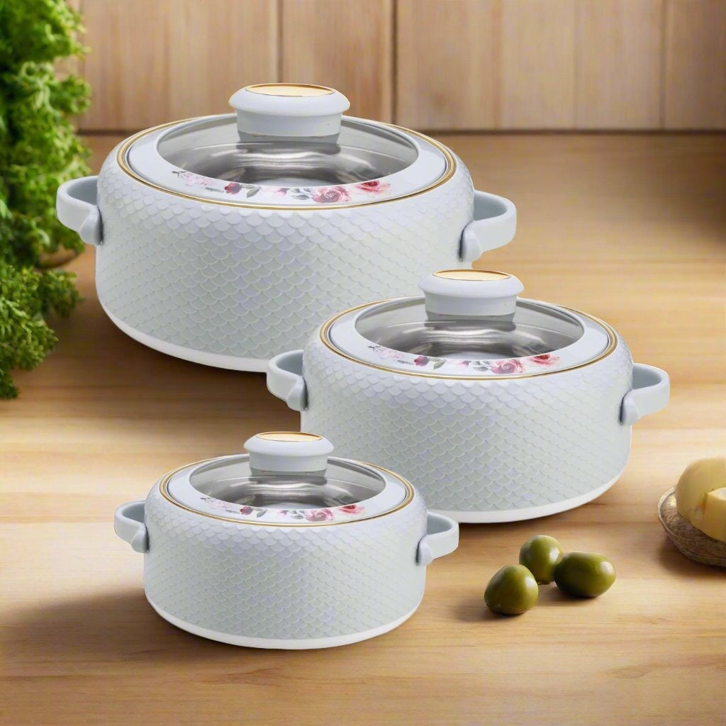 Coral Glass Lid Casserole Set of 3, 500ml, 1000ml, 1500ml