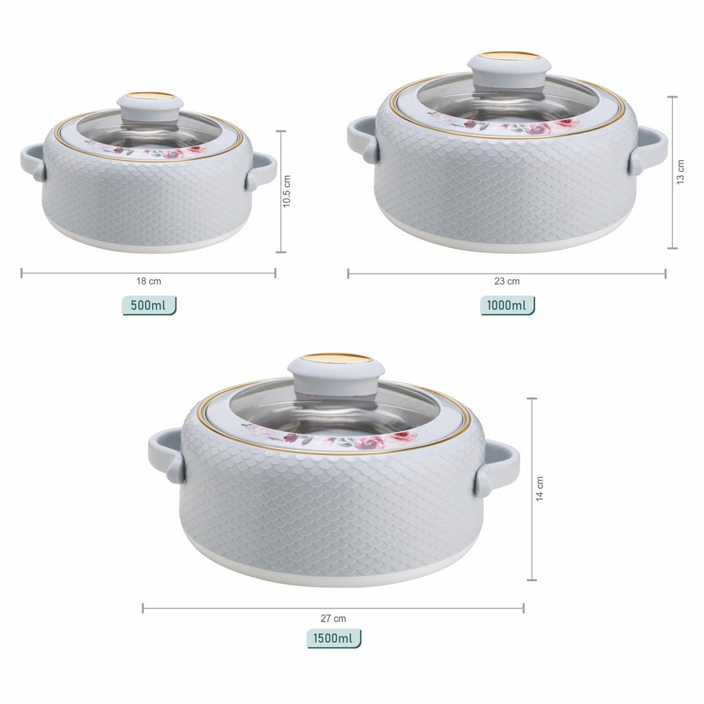 Coral Glass Lid Casserole Set of 3, 500ml, 1000ml, 1500ml