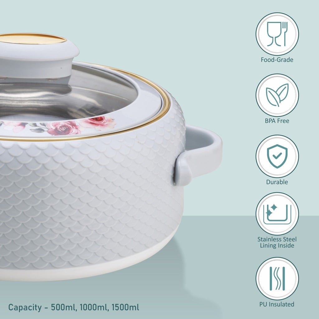 Coral Glass Lid Casserole Set of 3, 500ml, 1000ml, 1500ml