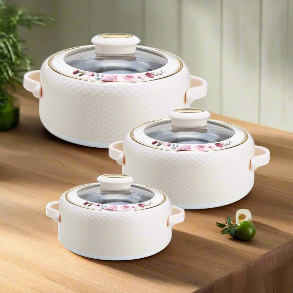 Coral Glass Lid Casserole Set of 3, 500ml, 1000ml, 1500ml