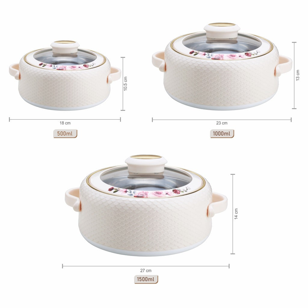 Coral Glass Lid Casserole Set of 3, 500ml, 1000ml, 1500ml