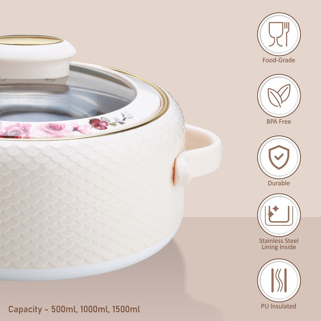 Coral Glass Lid Casserole Set of 3, 500ml, 1000ml, 1500ml