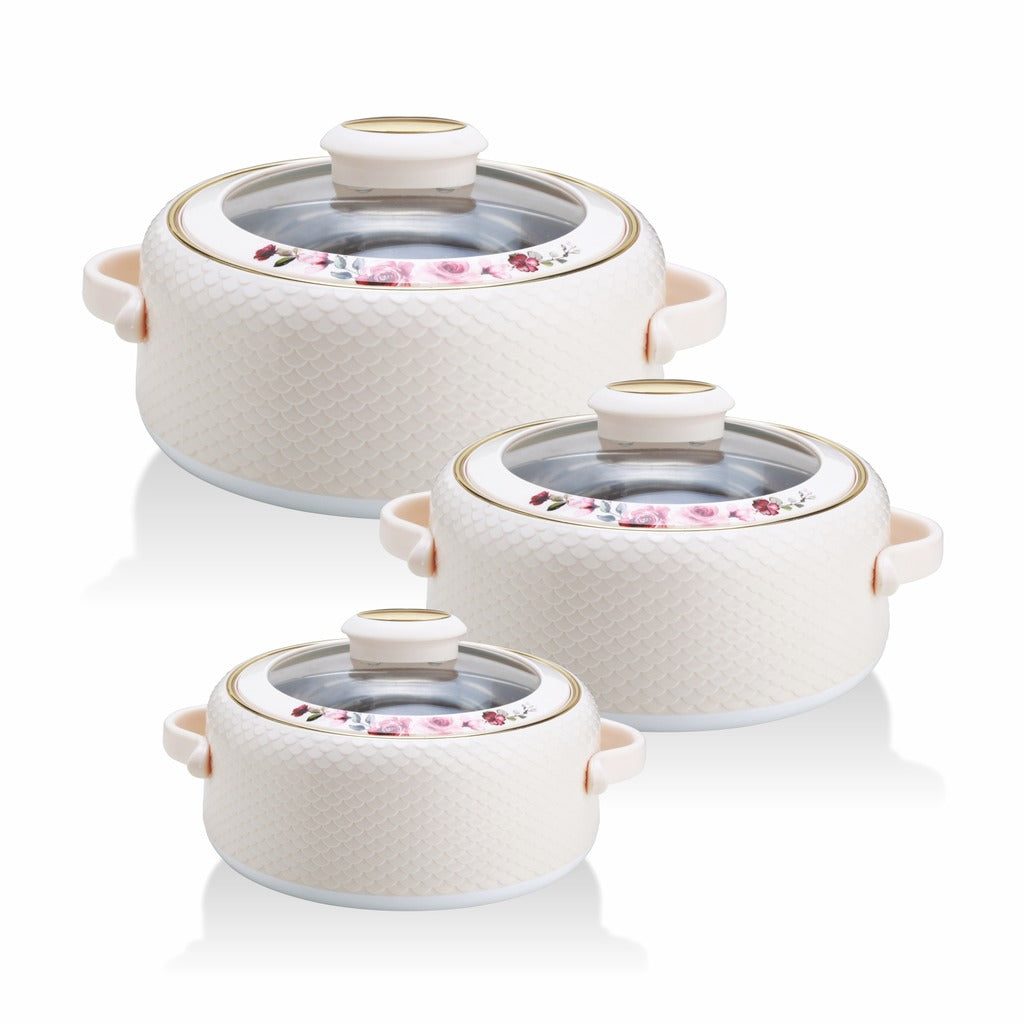 Coral Glass Lid Casserole Set of 3, 500ml, 1000ml, 1500ml