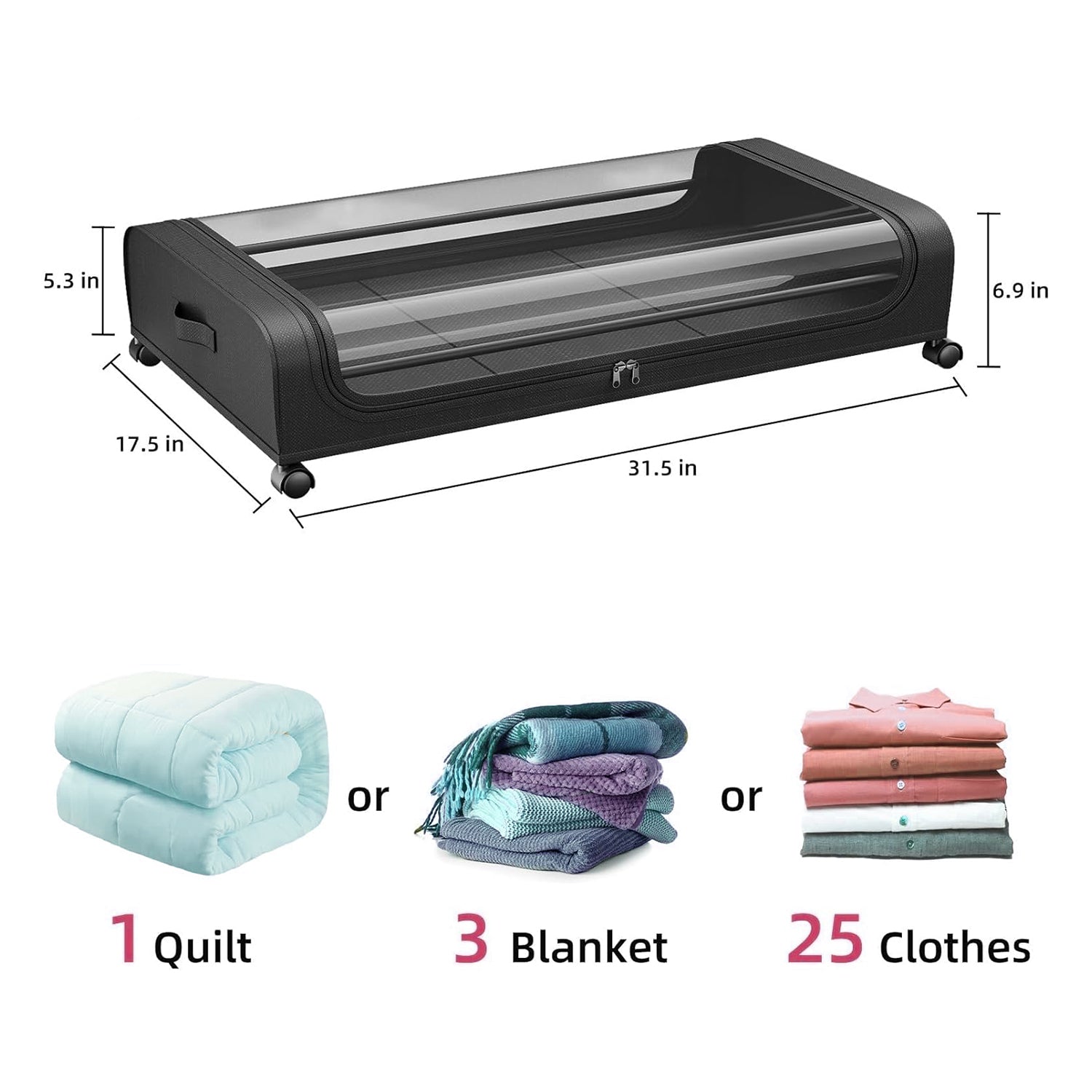 Under Bed Storage Box Black / Set of 3