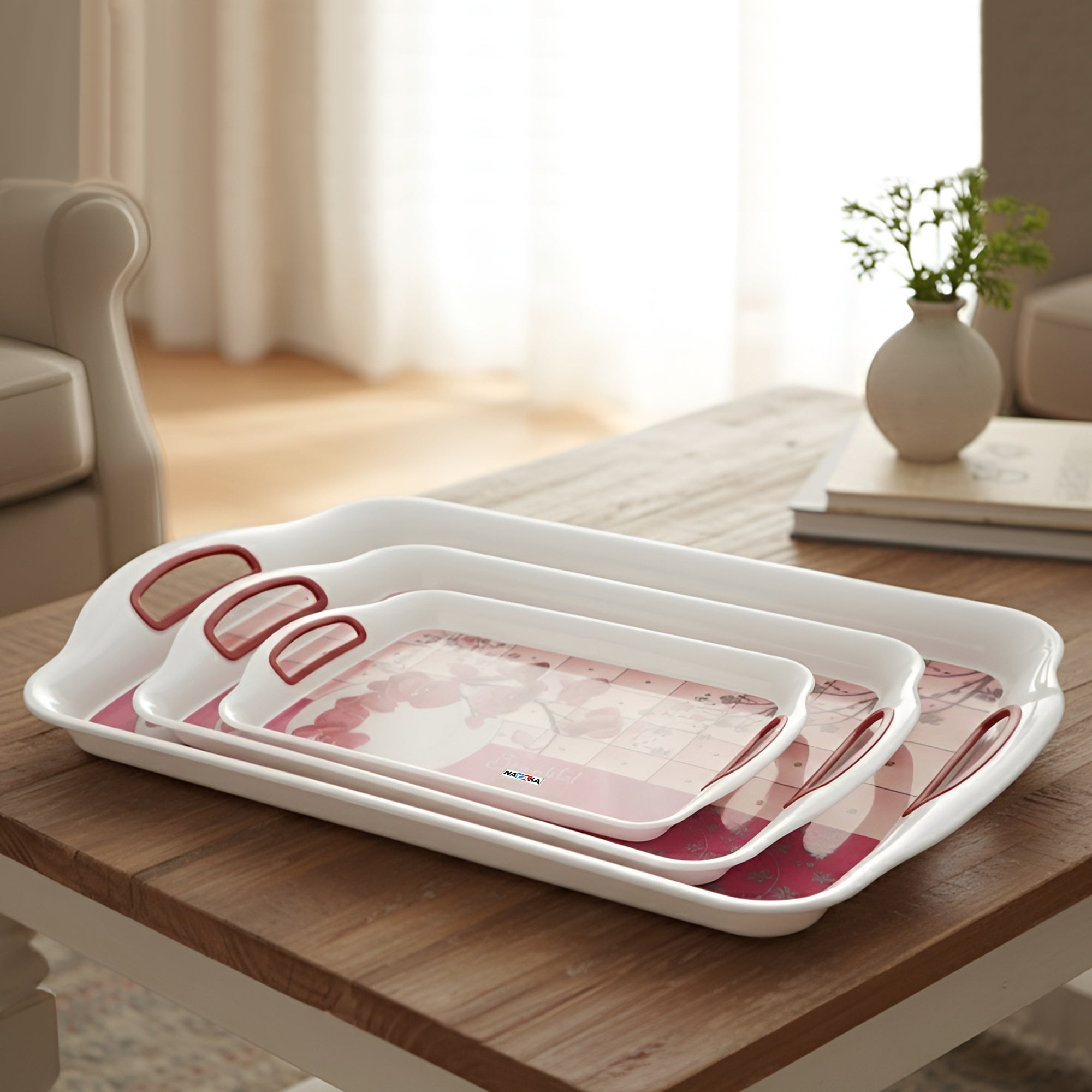 Ruby Plastic Serving Tray Set Of 3 (Small + Medium + Big) Pink