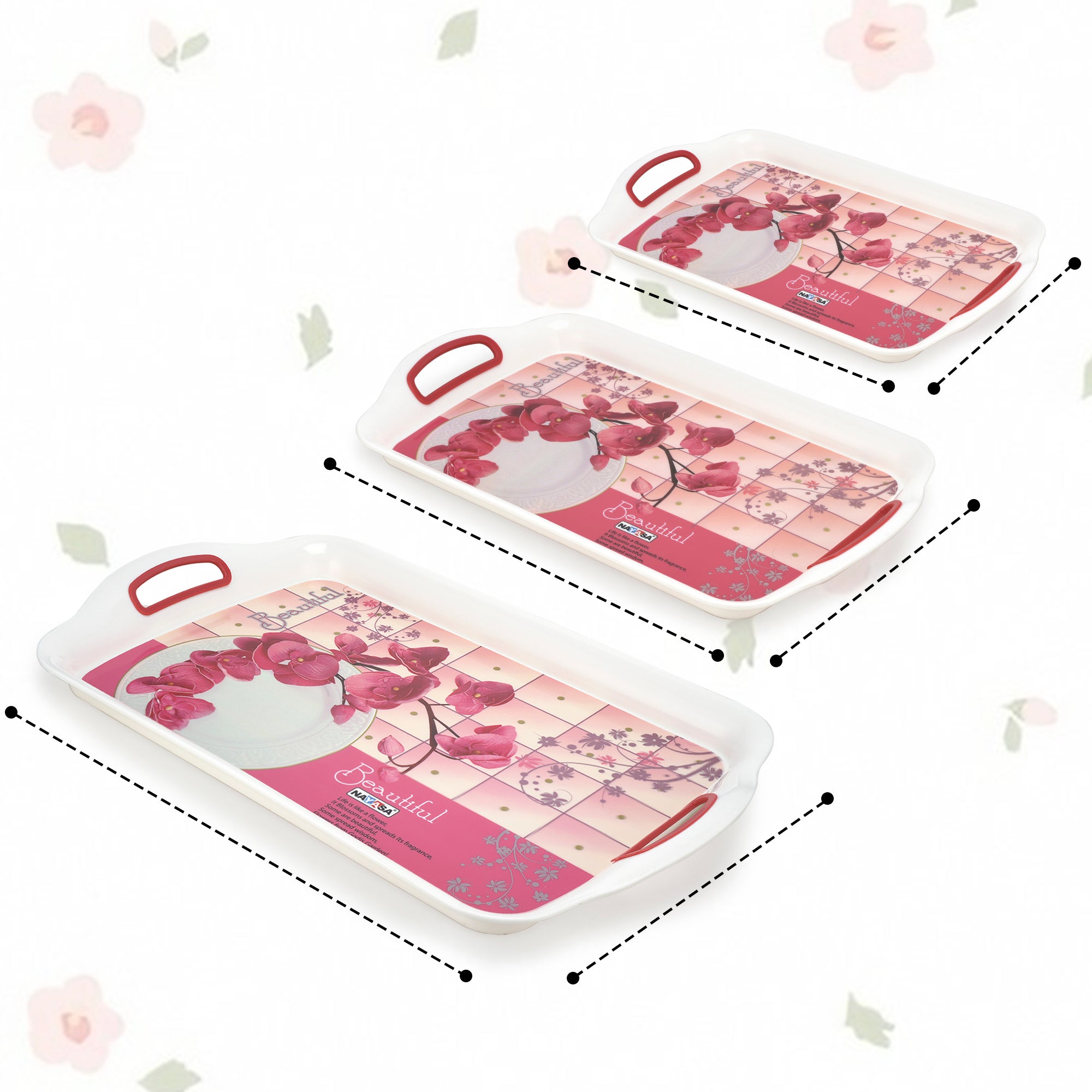 Ruby Plastic Serving Tray Set Of 3 (Small + Medium + Big) Pink