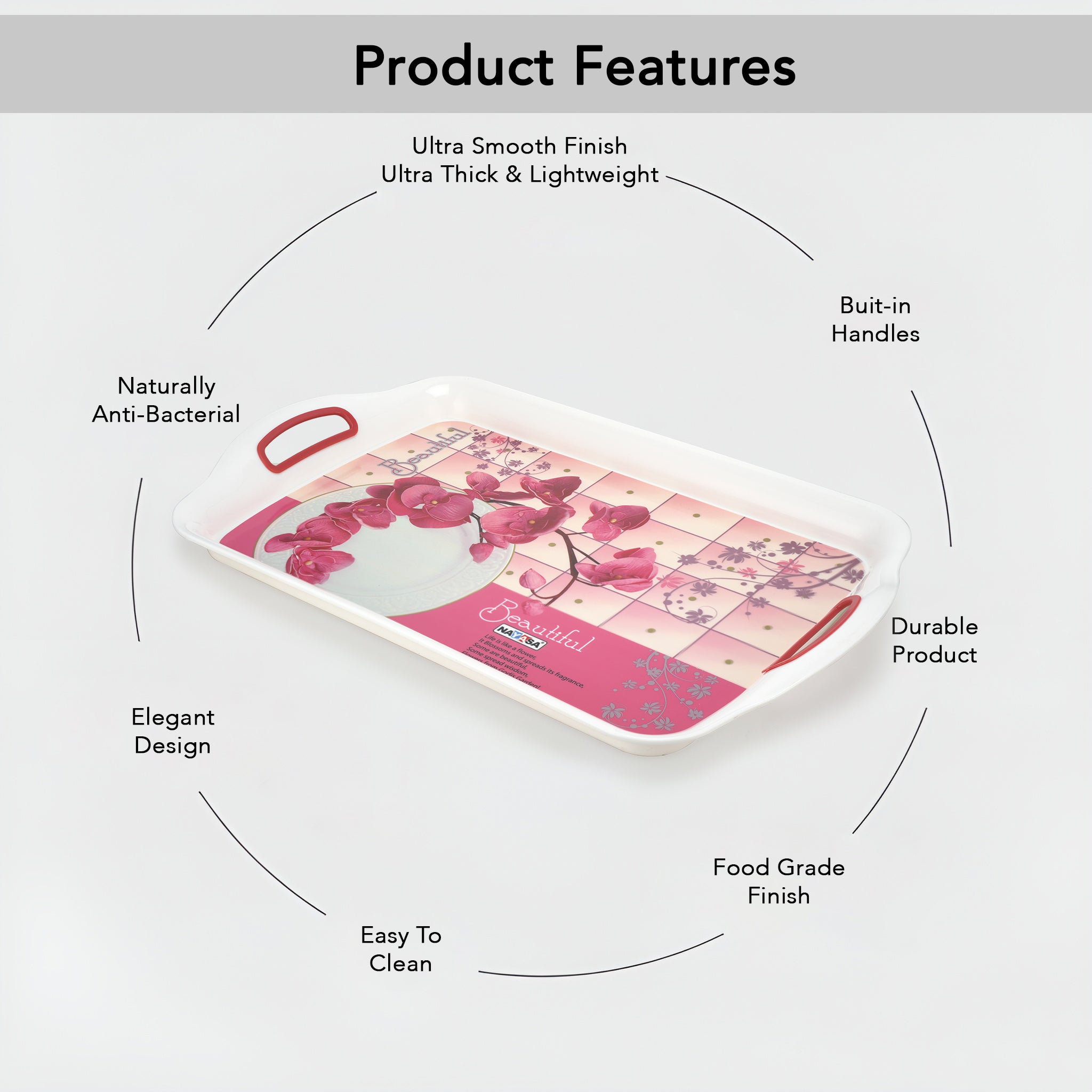 Ruby Plastic Serving Tray Set Of 3 (Small + Medium + Big) Pink