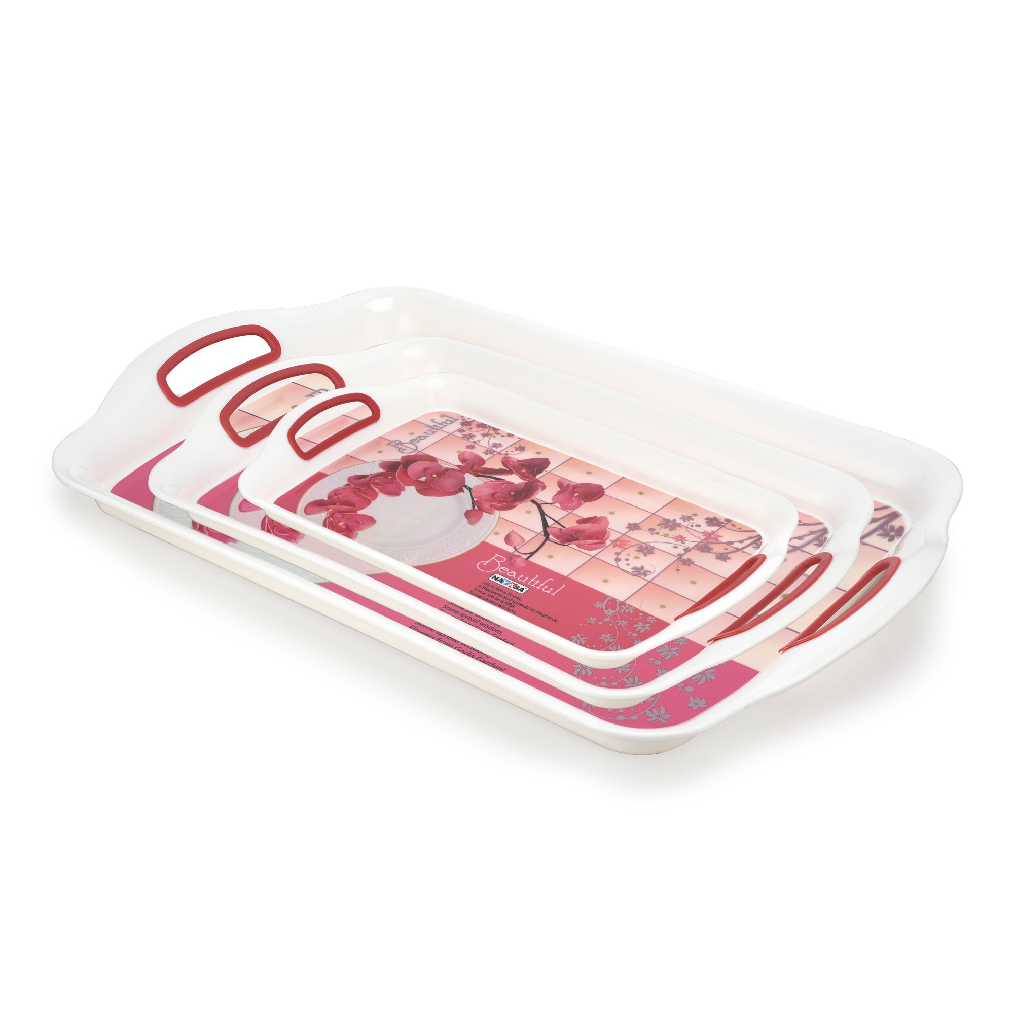 Ruby Plastic Serving Tray Set Of 3 (Small + Medium + Big) Pink