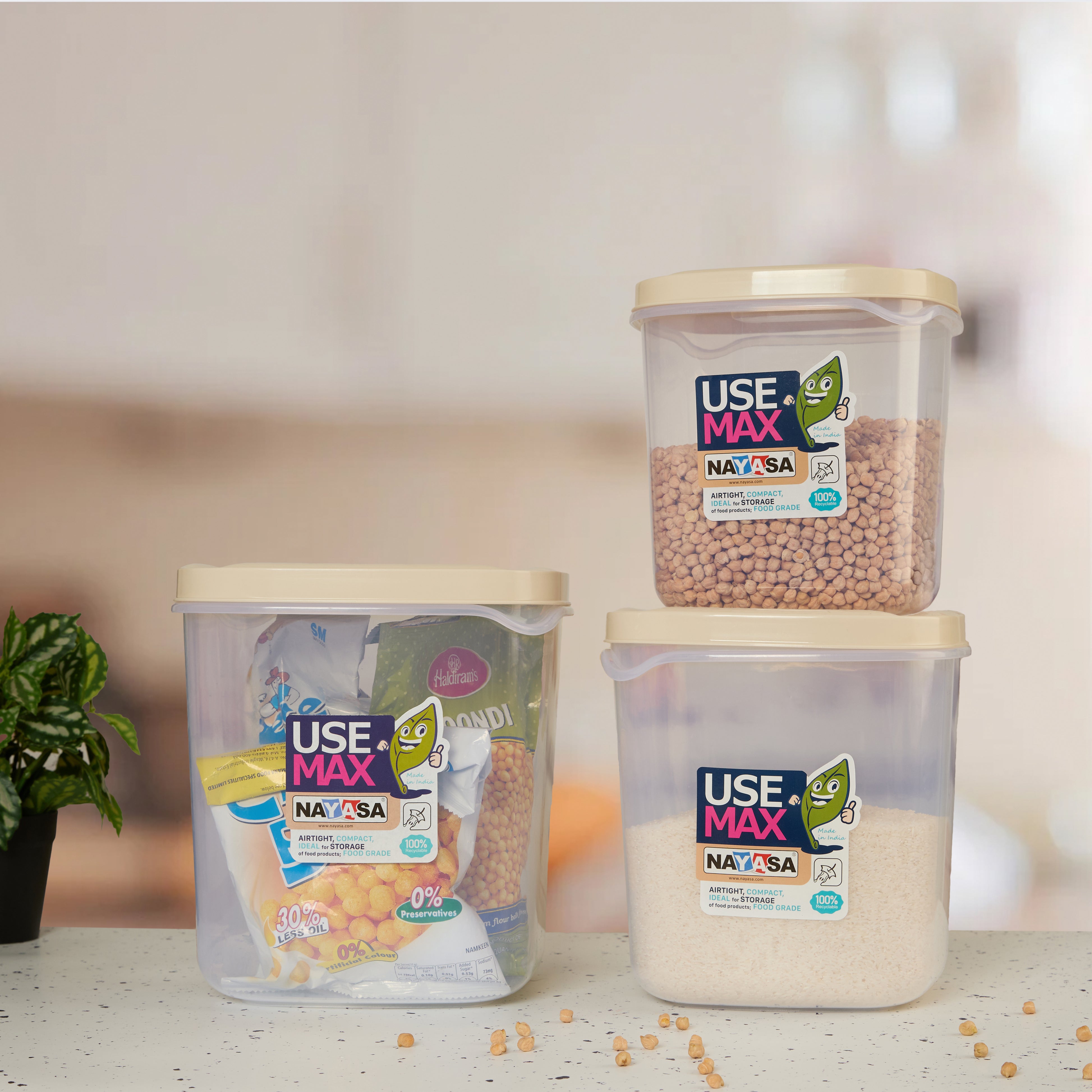 Use Max Food Storage Container, Set of 3 Beige / Combo ( 13 Ltr + 16 Ltr + 20 Ltr )