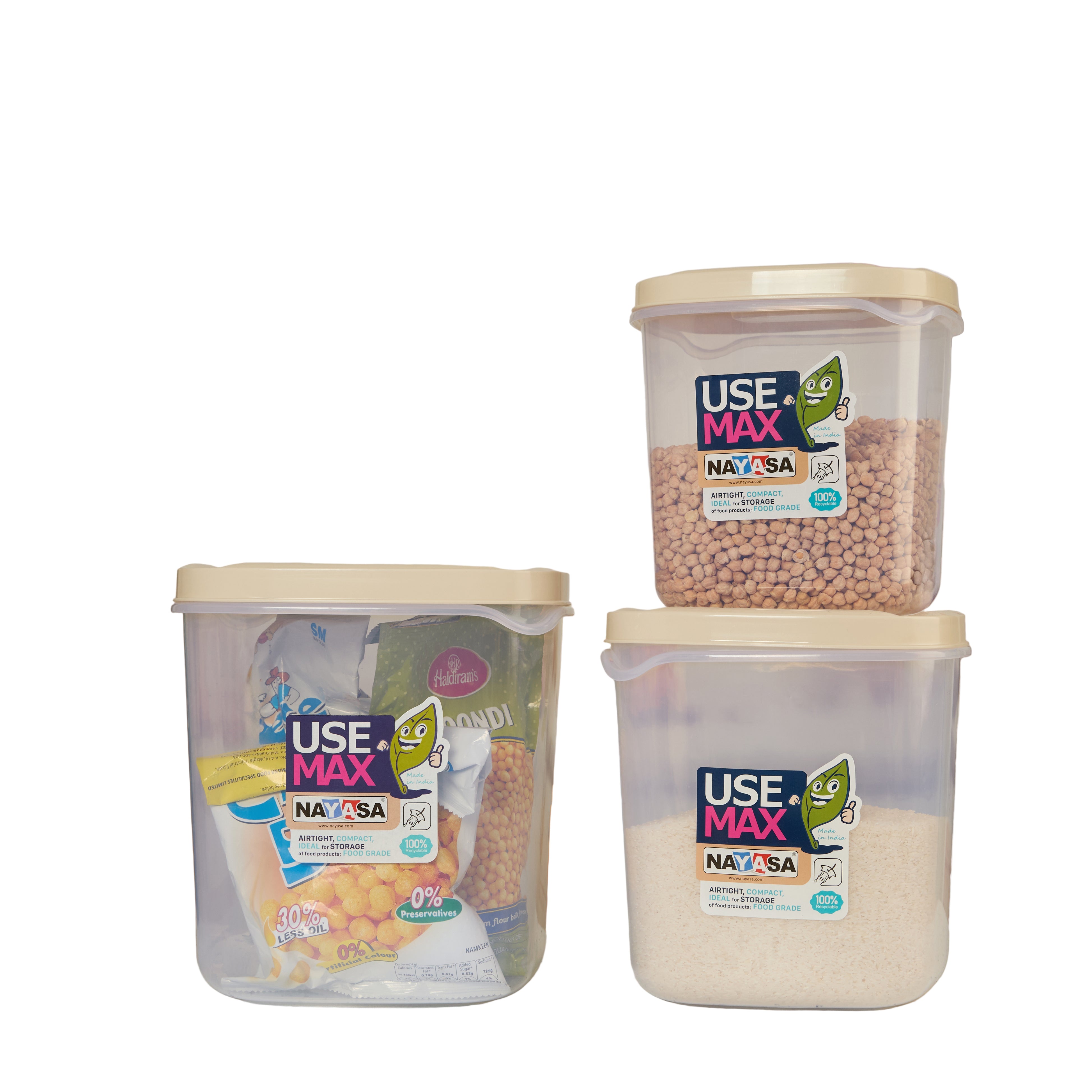 Use Max Food Storage Container, Set of 3 Beige / Combo ( 13 Ltr + 16 Ltr + 20 Ltr )