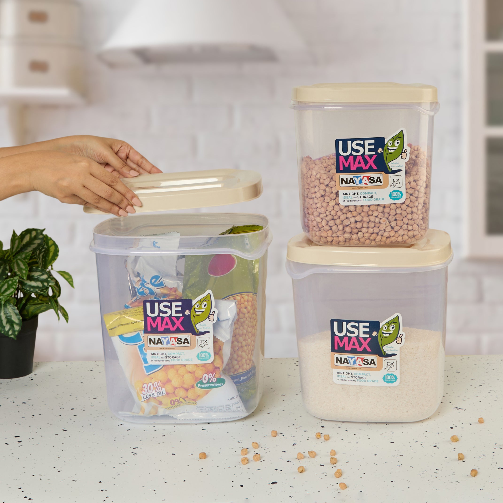 Use Max Food Storage Container, Set of 3 Beige / Combo ( 13 Ltr + 16 Ltr + 20 Ltr )